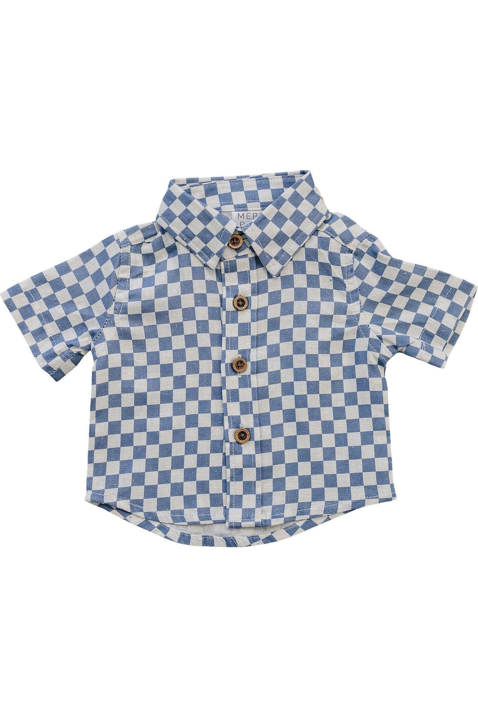 Boys Blue Checkered Linen Button Up Shirt, Baby - Kids - Image 2
