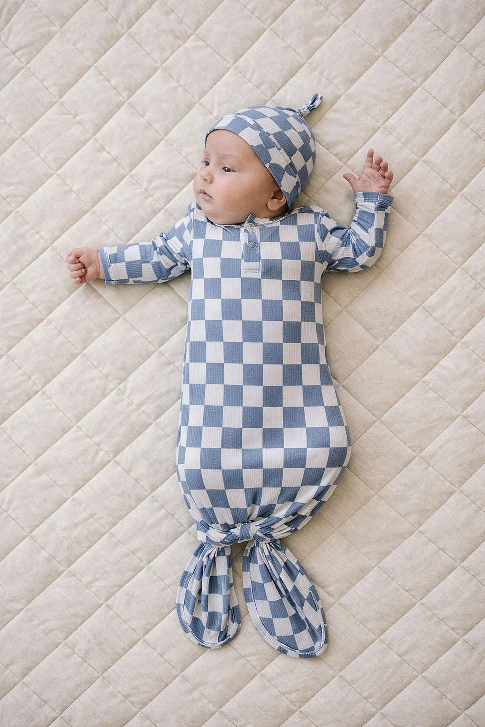 Blue Checkered Ribbed Bamboo Knot Gown for Babies