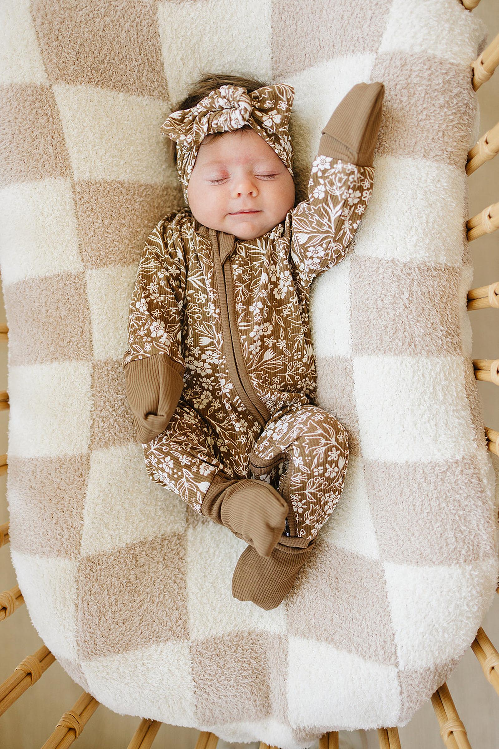 Brown Floral Ribbed Head Wrap, Bamboo, Baby - Image 3