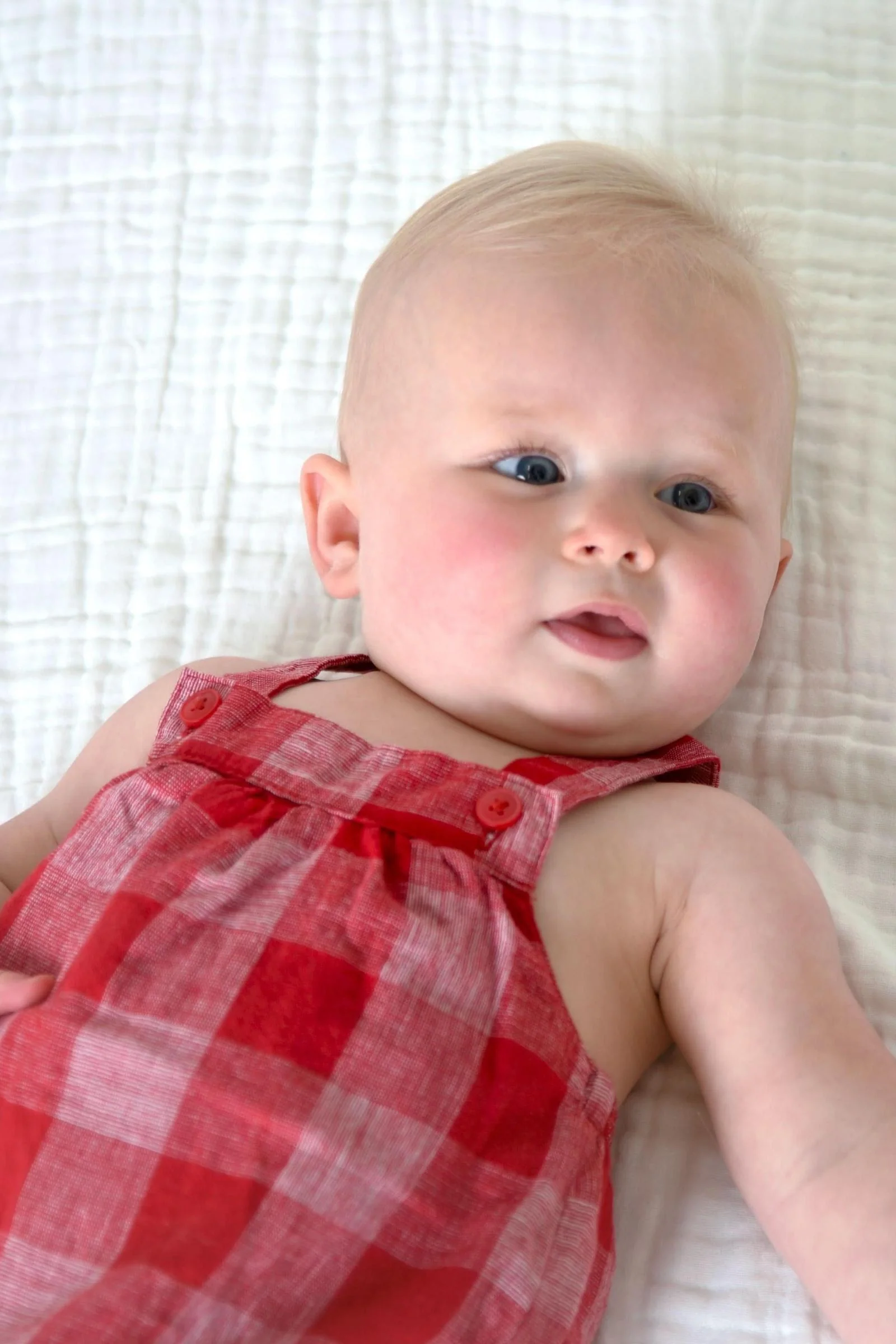 Organic Cotton Seersucker Bubble Romper, Red Pencil Check, Baby - Image 3