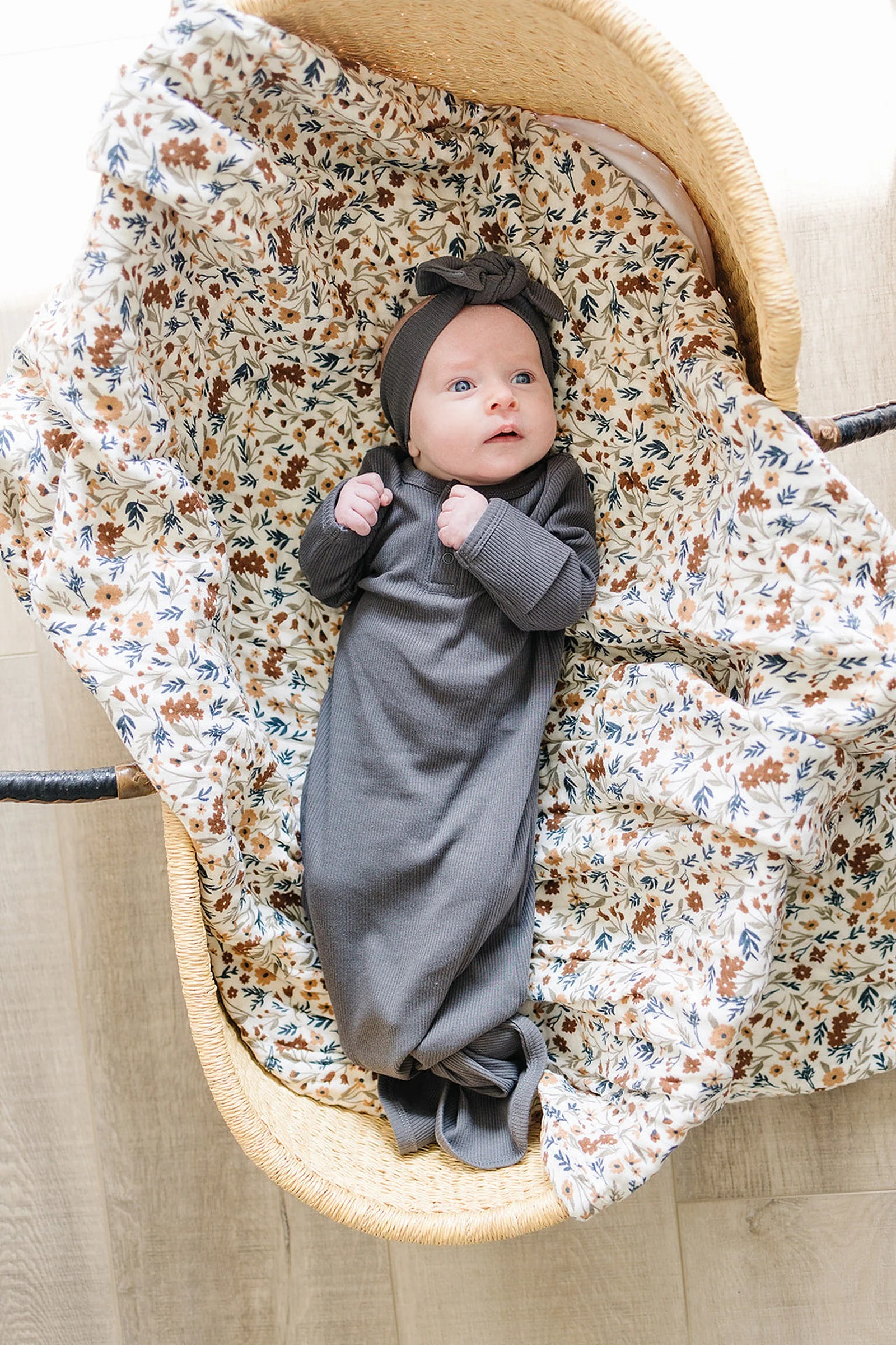 Charcoal Ribbed Baby Knot Gown, Baby Essentials, Organic Cotton - Image 3