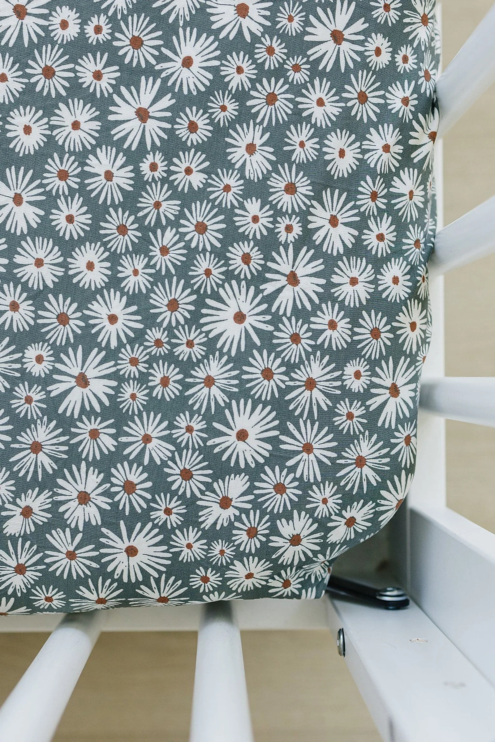Dark Green Daisy Stretch Crib Sheet, Bamboo, Baby Essentials - Image 2