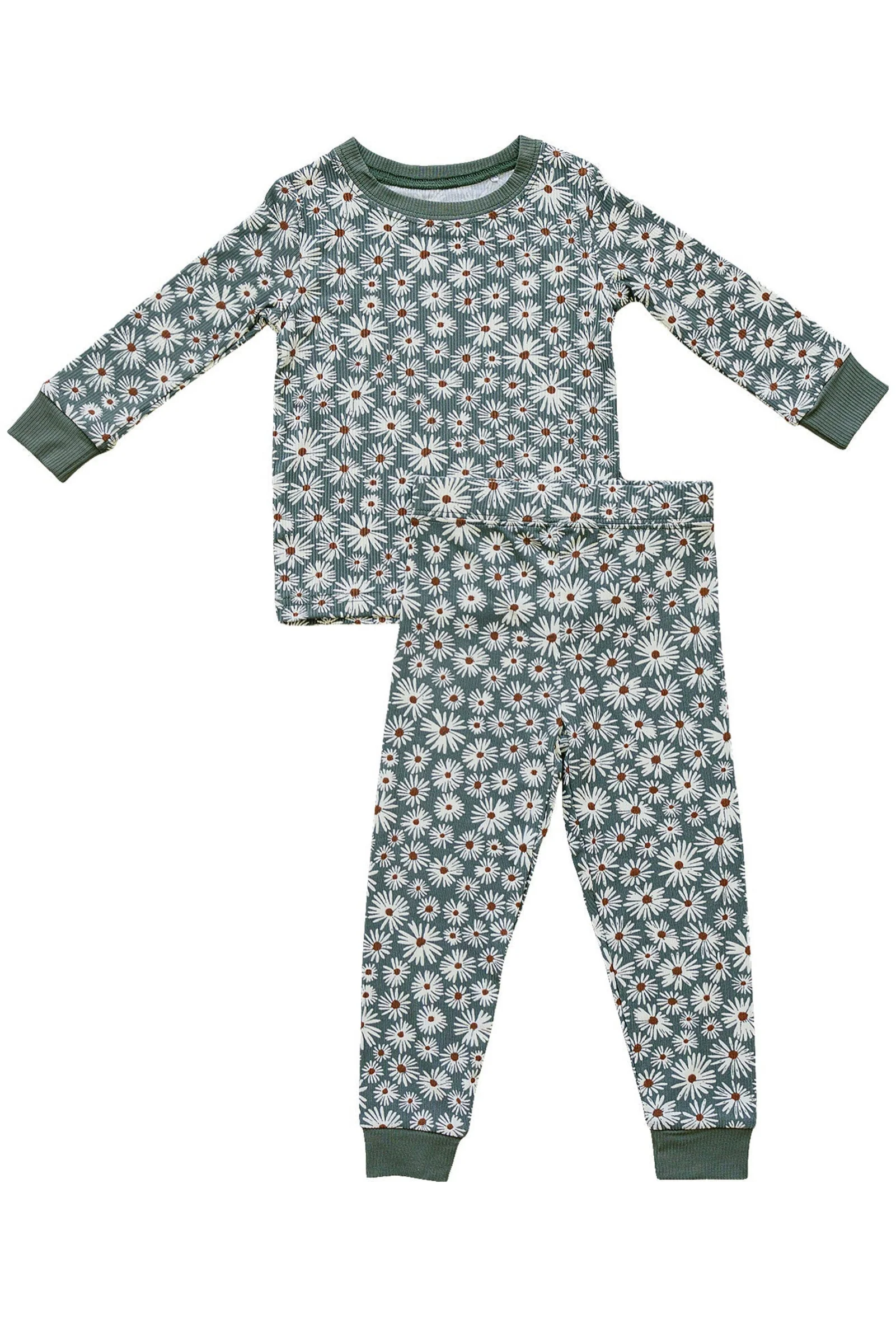 Dark Green Daisy Ribbed Cozy Pajama Set, Bamboo, Baby Essentials - Image 2