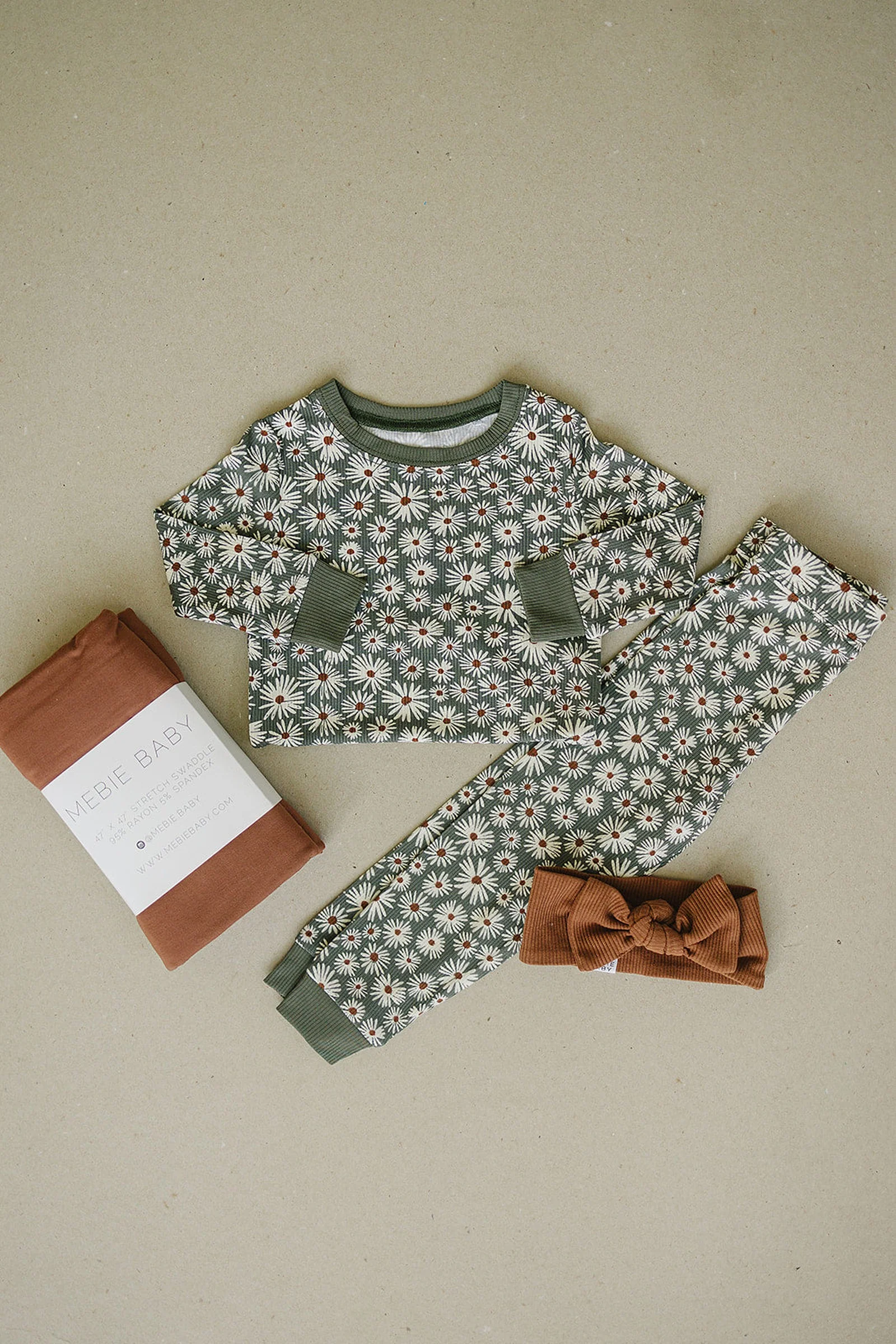 Dark Green Daisy Ribbed Cozy Pajama Set, Bamboo, Baby Essentials - Image 4