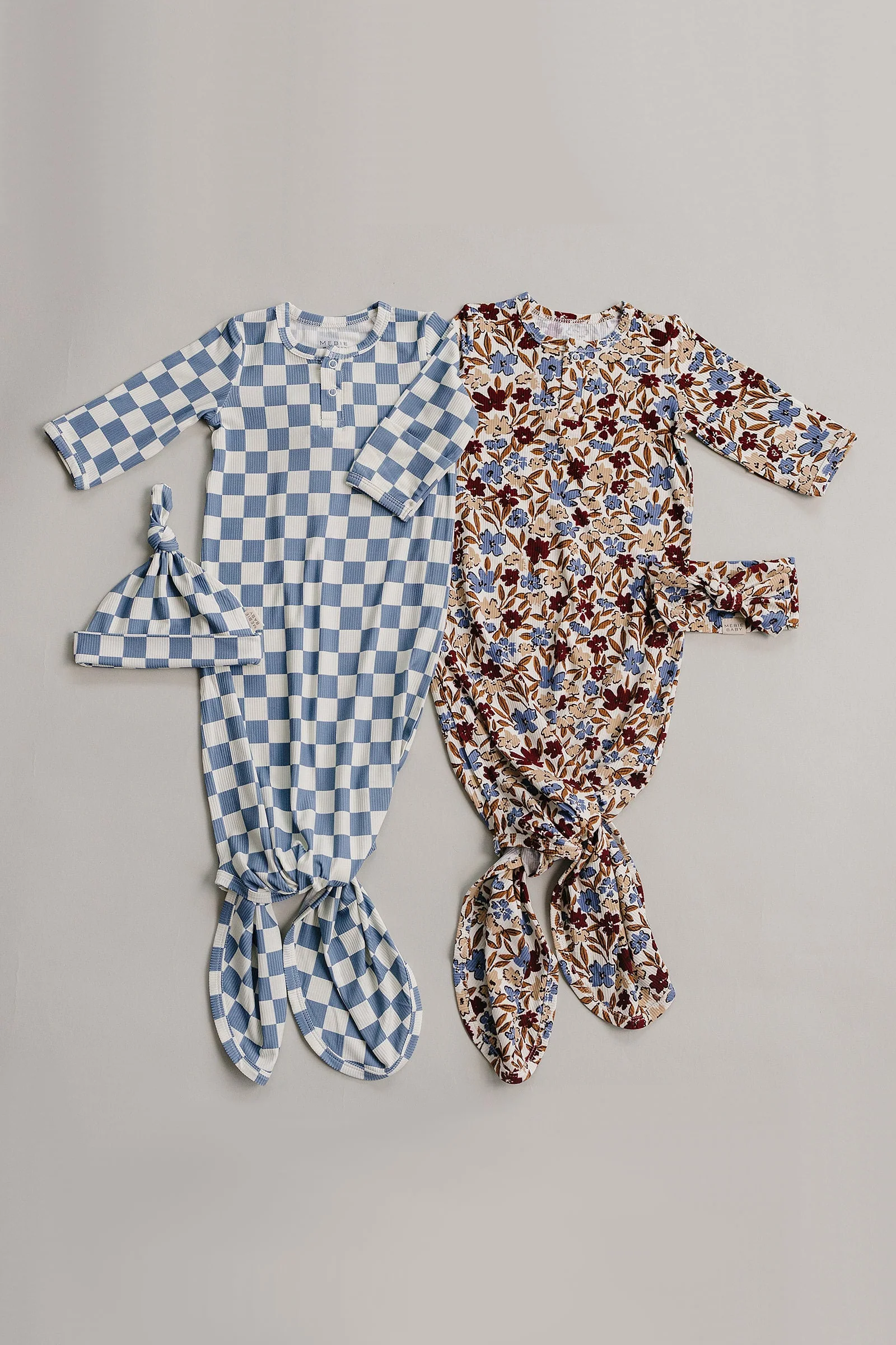 Blue Checkered Ribbed Bamboo Knot Gown for Babies - Image 3