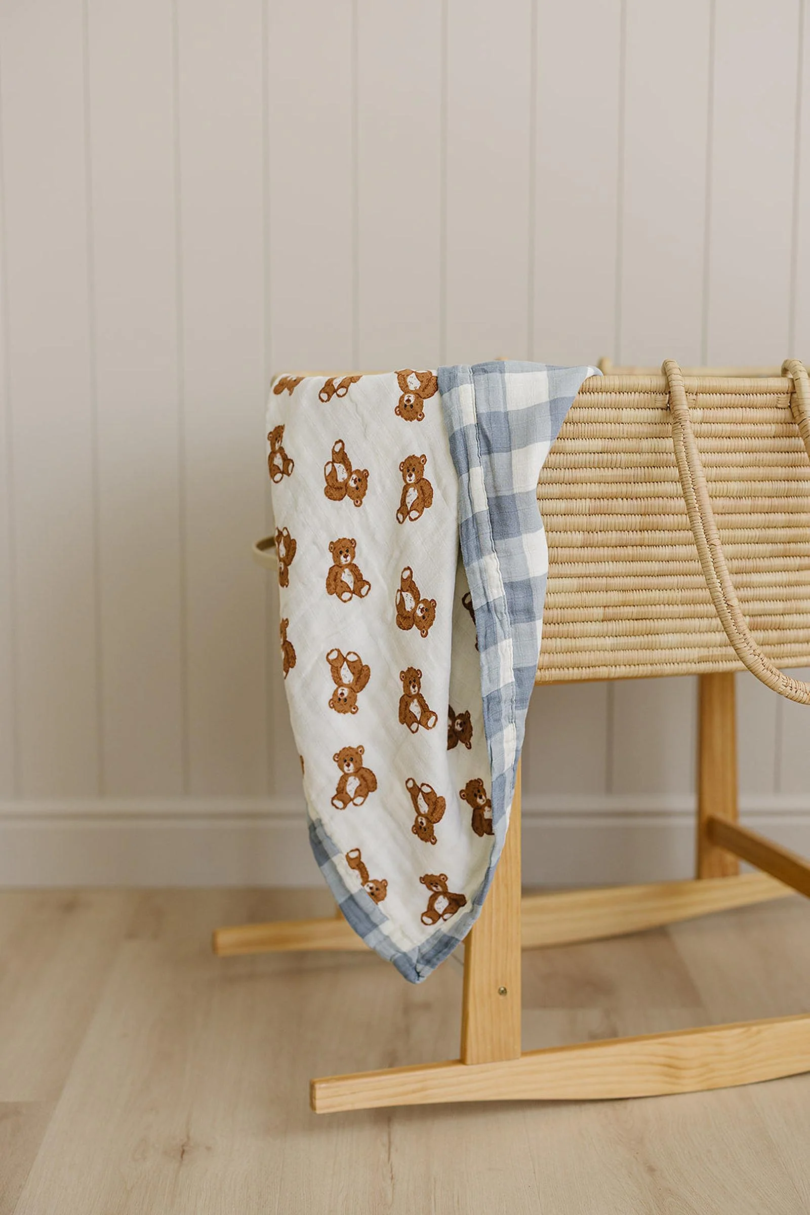 Dusty Blue Gingham + Teddy Bear Lightweight Muslin Crib Quilt, 100% Cotton, Baby Essentials