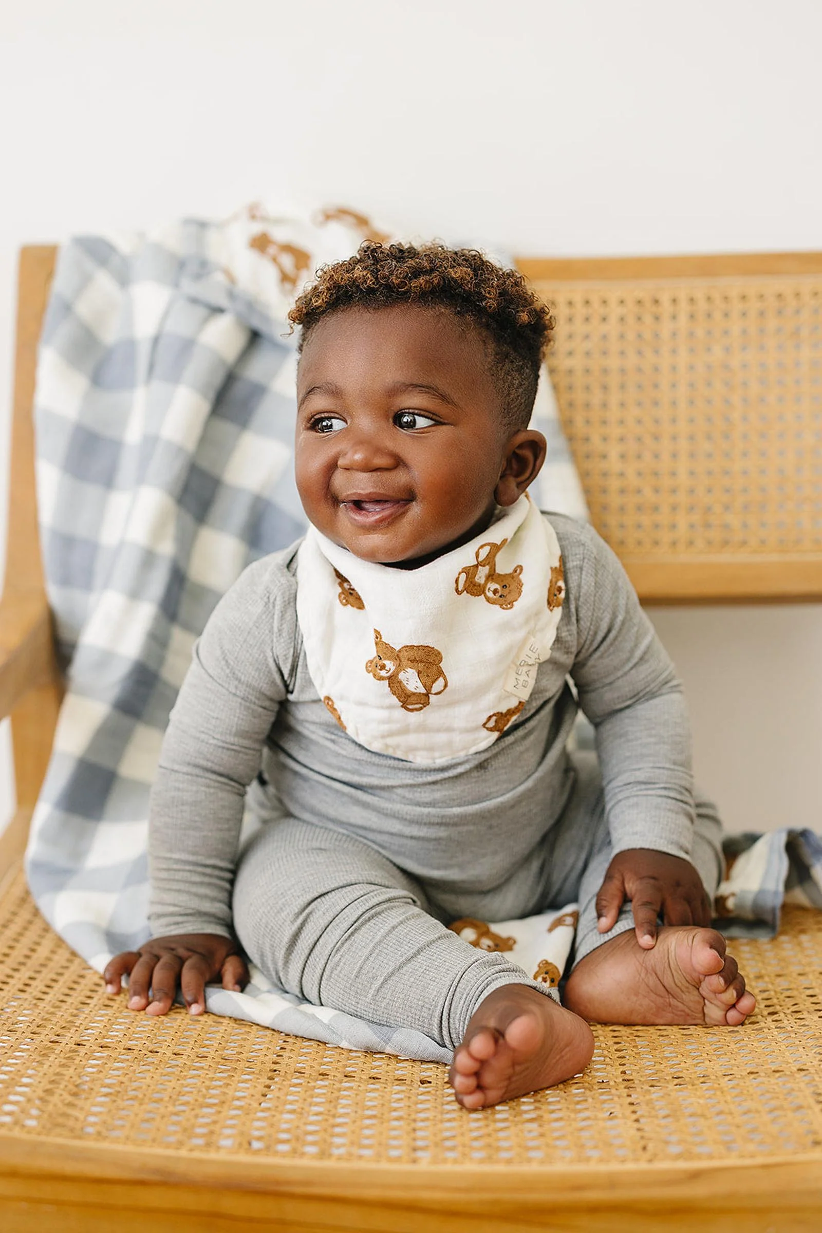 Dusty Blue Gingham + Teddy Bear Lightweight Muslin Crib Quilt, 100% Cotton, Baby Essentials - Image 3