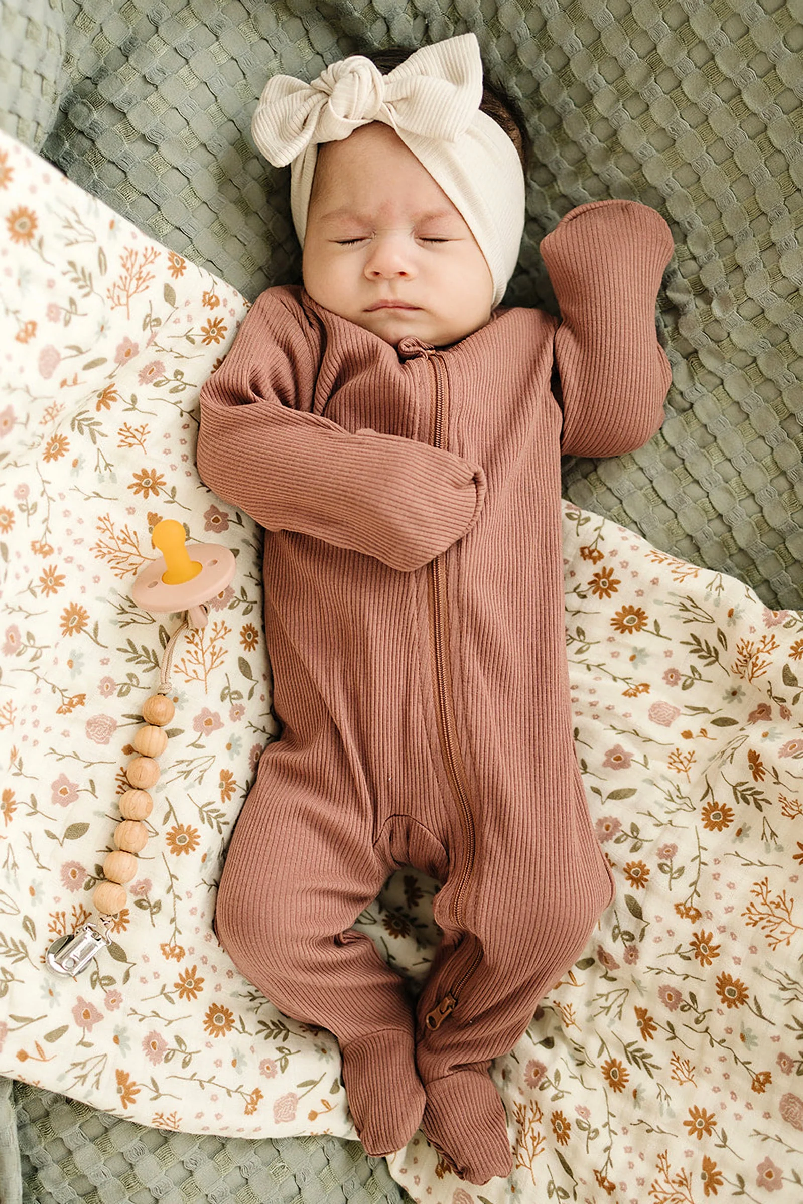 Dusty Rose Ribbed Zipper Footed Pajama, Baby Essentials, Organic Cotton - Image 9