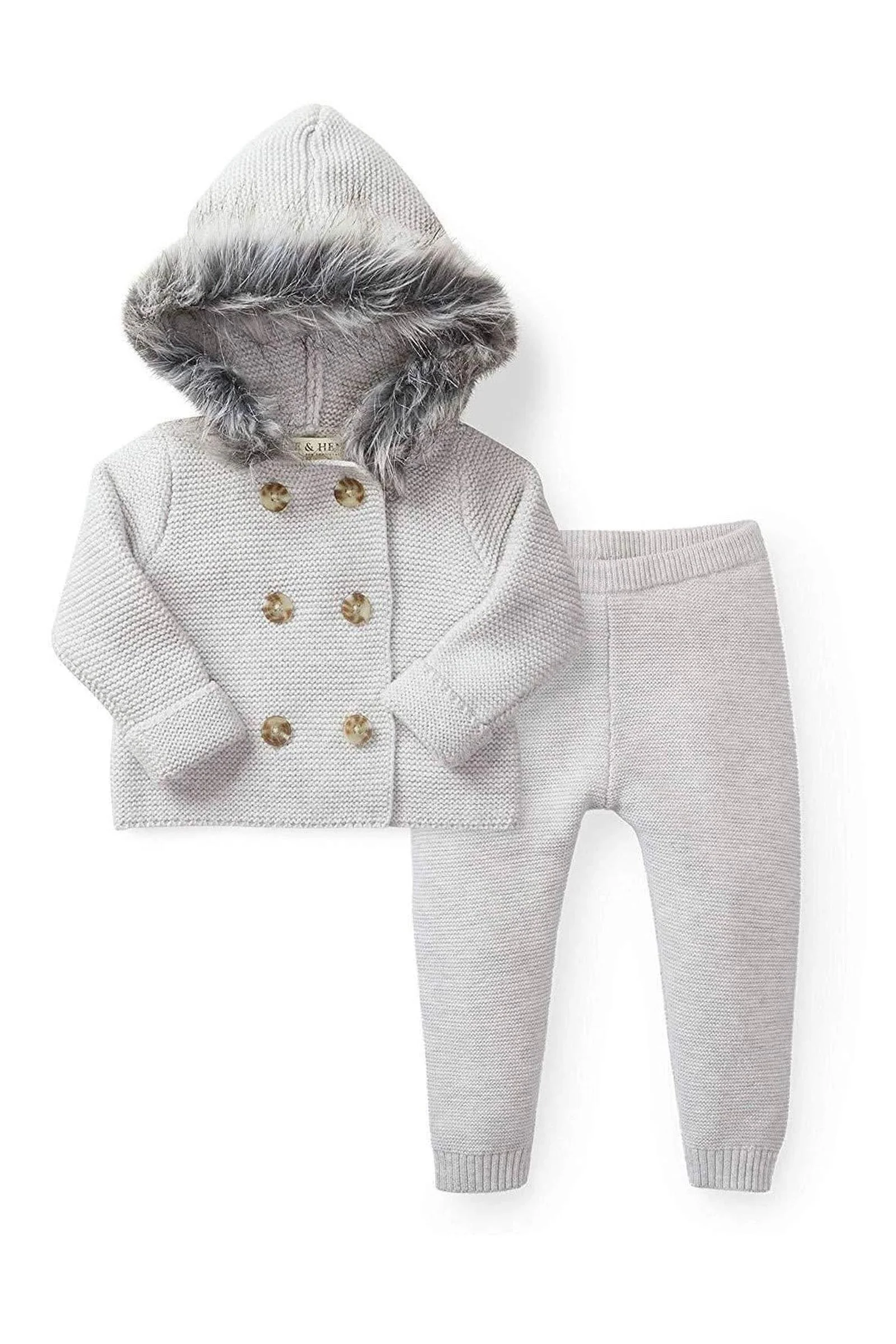 Organic Cotton Faux Fur Hooded Sweater & Pants Set for Babies, Light Gray - Image 2