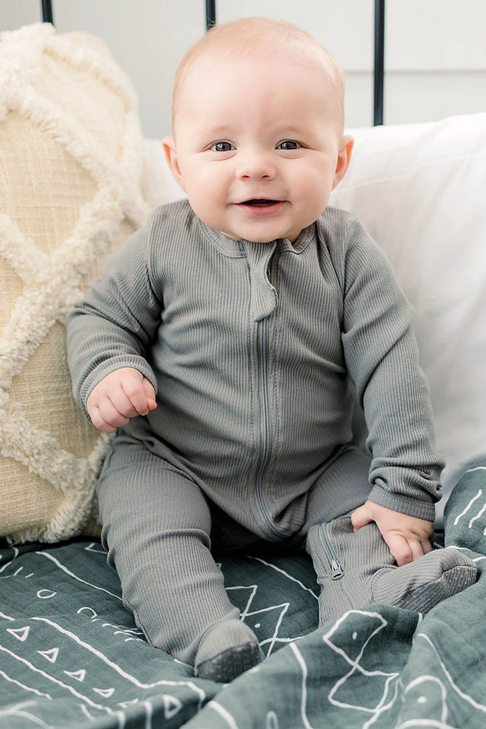 Grey Ribbed Zipper Footed Pajama, Organic Cotton, Baby Essentials - Image 4