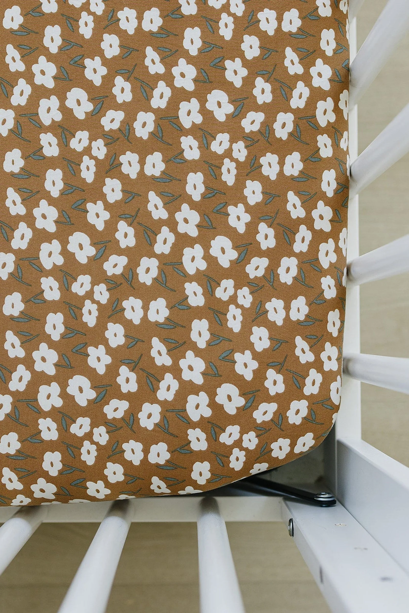 Mustard Floral Stretch Crib Sheet, Bamboo, Baby Essentials - Image 2