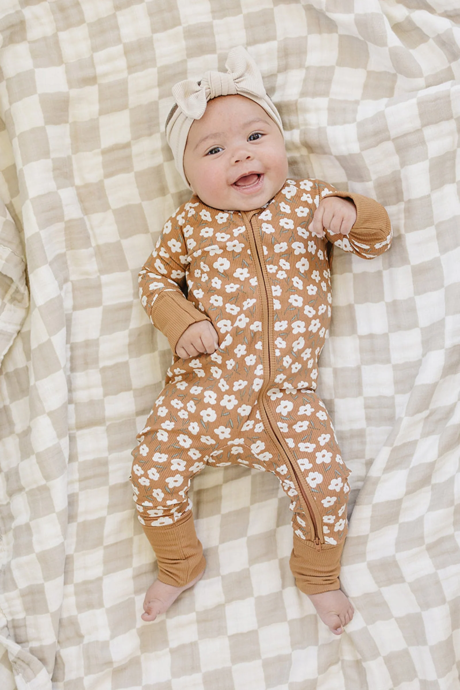 Mustard Floral Ribbed Zipper Pajama, Bamboo, Baby Essentials
