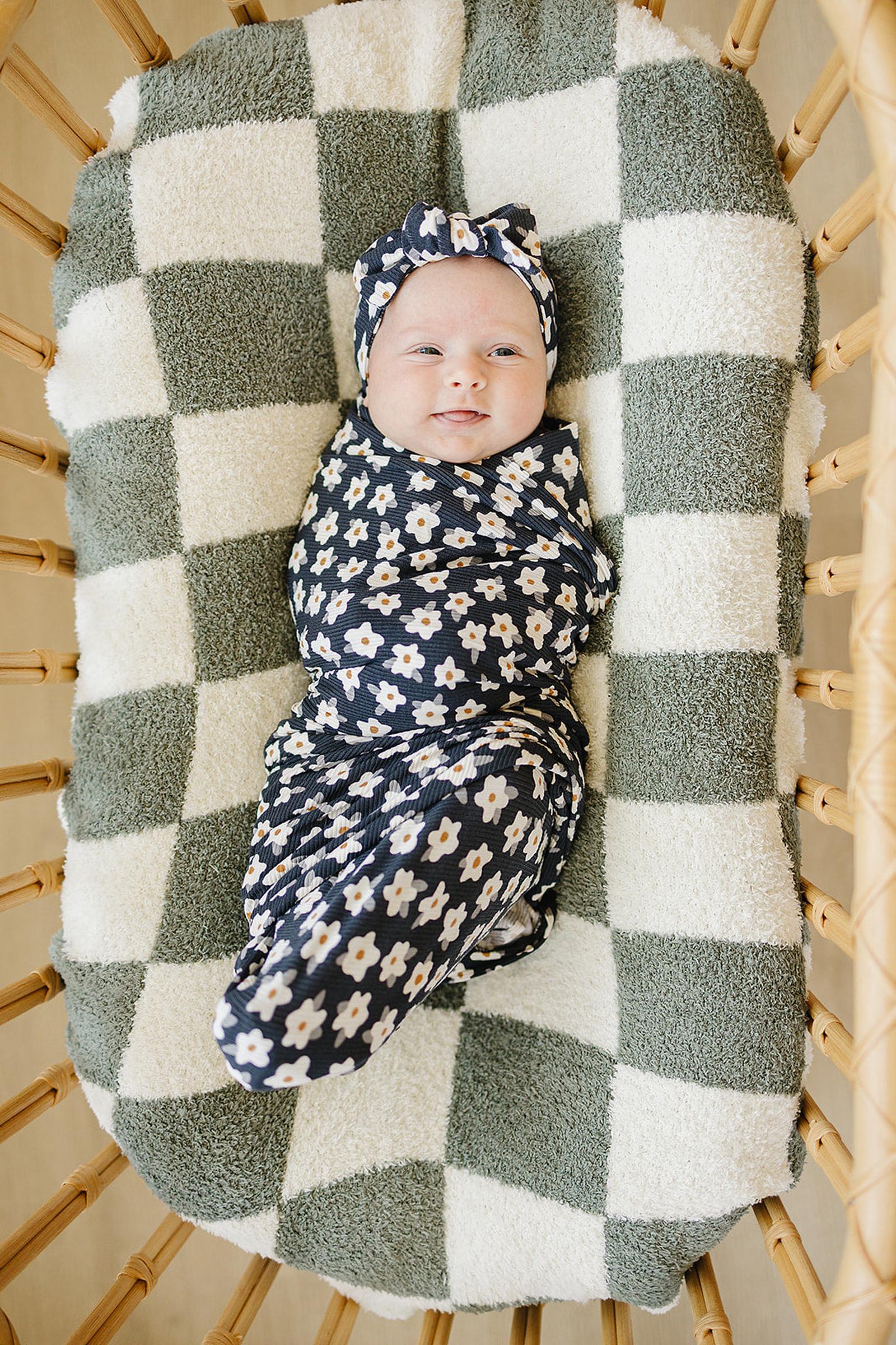 Navy Daisy Ribbed Stretch Swaddle, Bamboo, Baby Essentials - Image 4