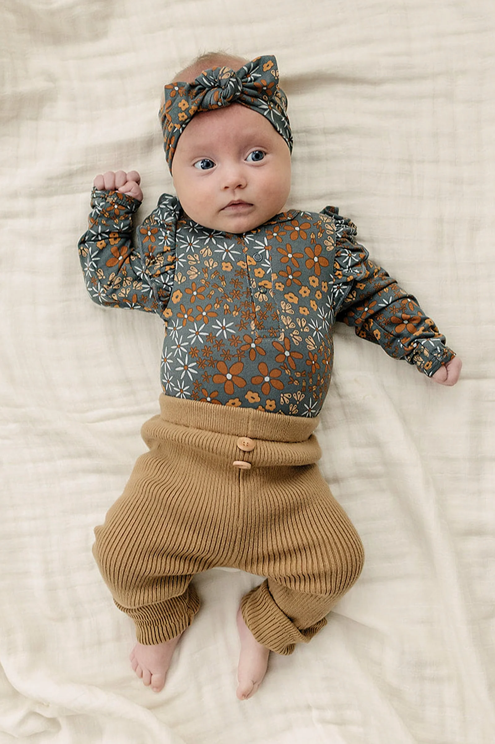 Navy Floral Ruffle Sleeve Bodysuit, Bamboo, Baby Essentials