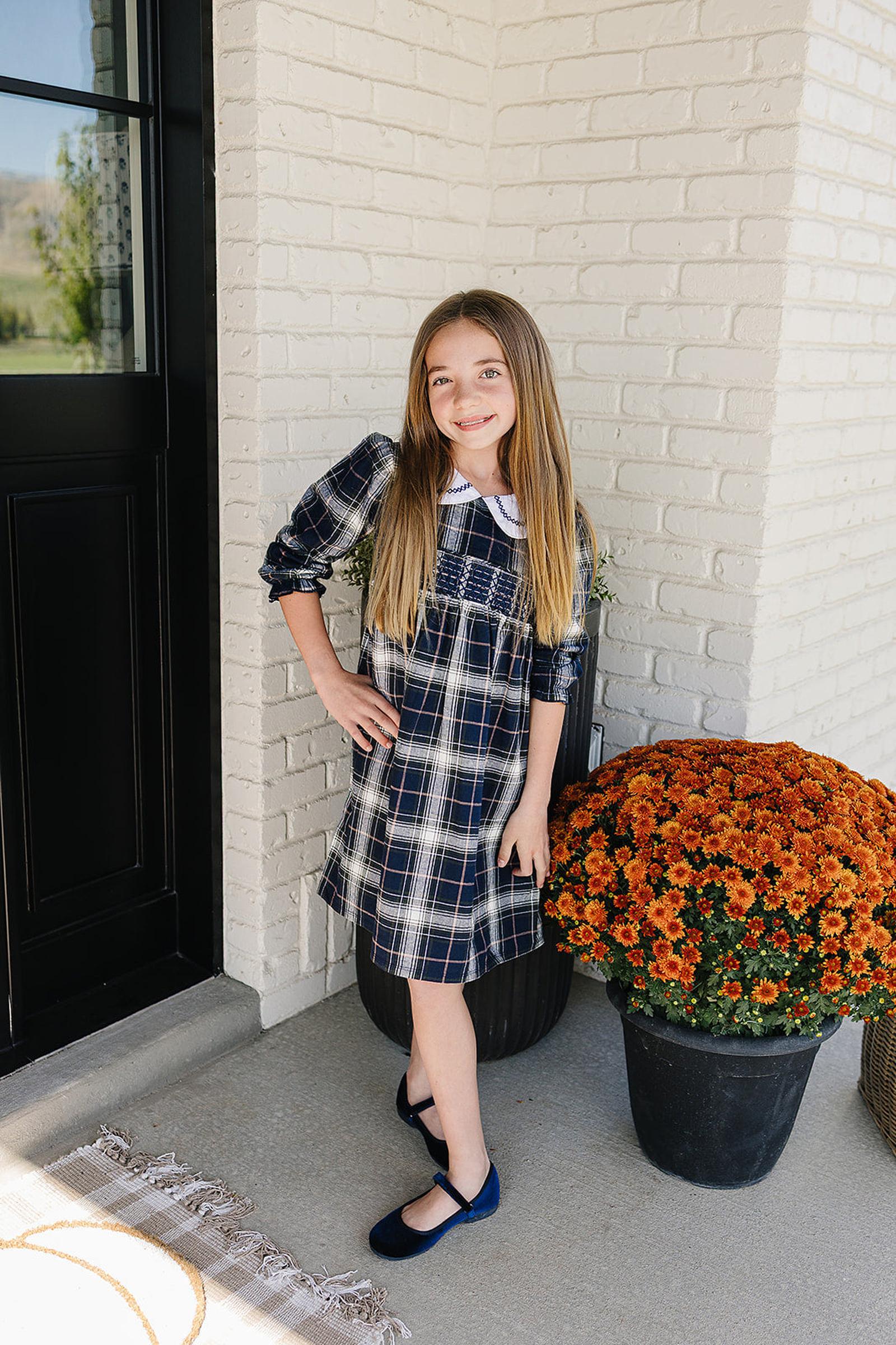 Classic Navy Plaid Smocked Dress with Peter Pan Collar, Cotton, Sizes 0-8 - Image 4