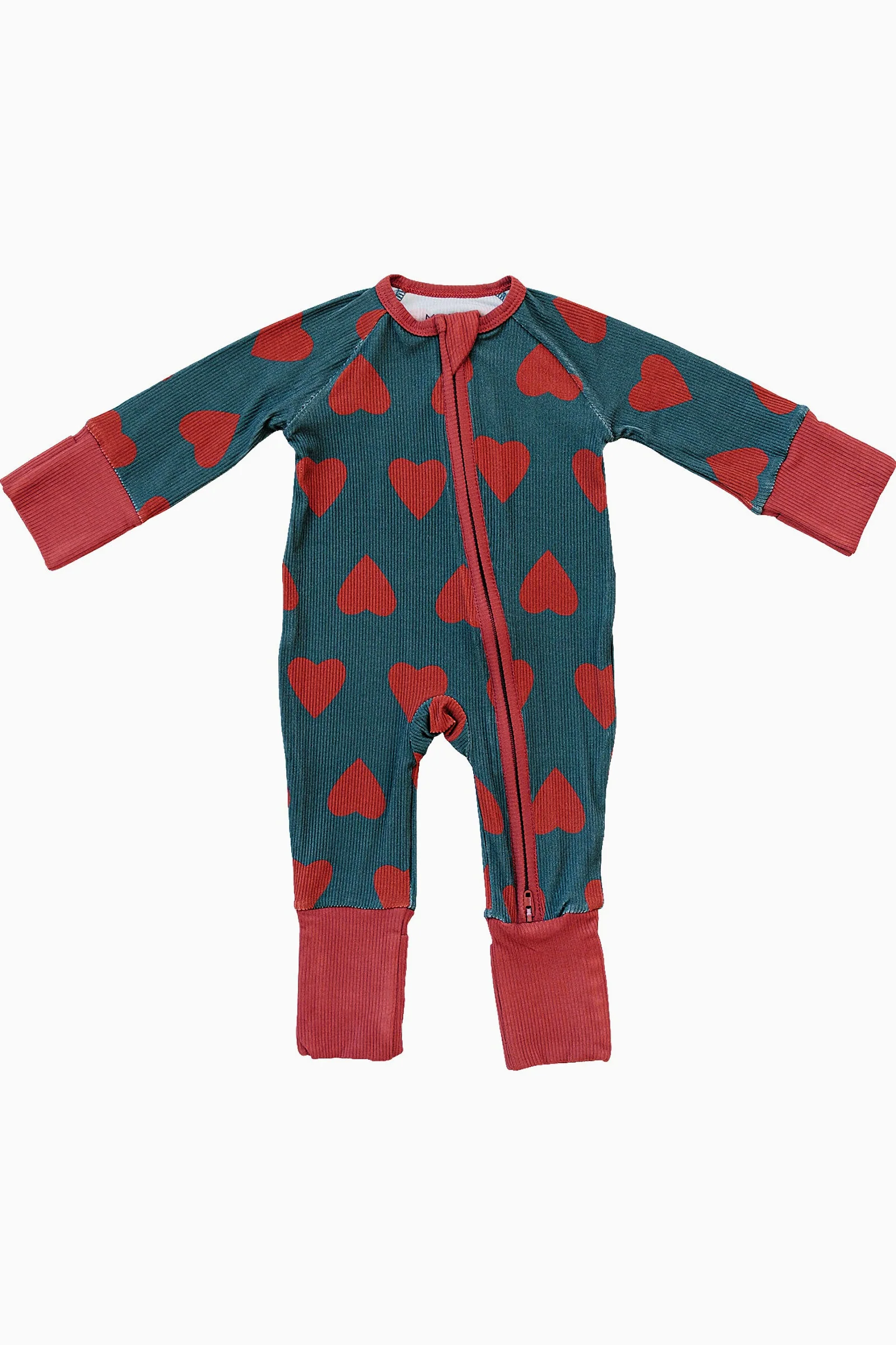 Navy + Red Hearts Ribbed Zipper Pajama, Bamboo, Baby Essentials - Image 2