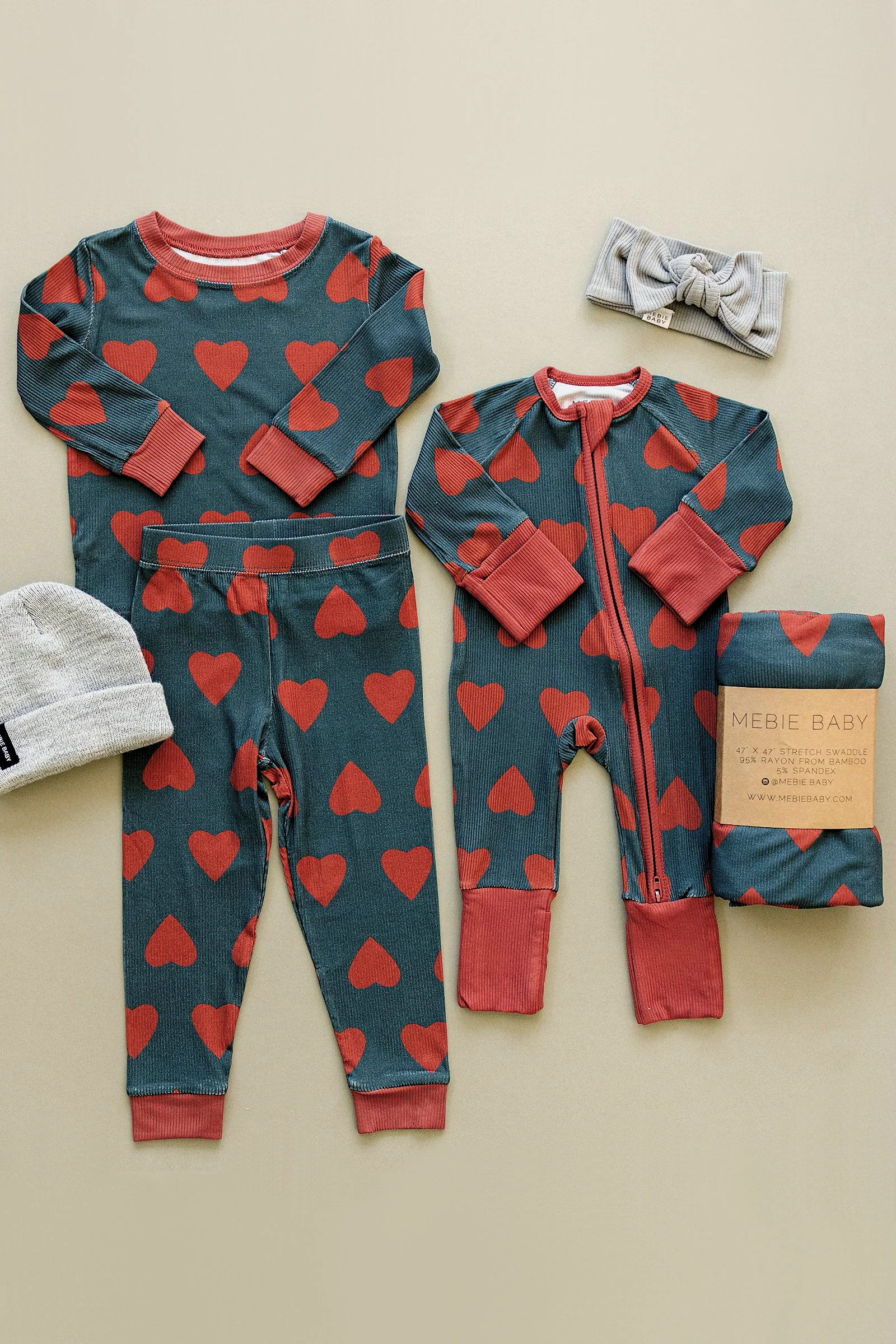 Navy + Red Hearts Ribbed Zipper Pajama, Bamboo, Baby Essentials - Image 4