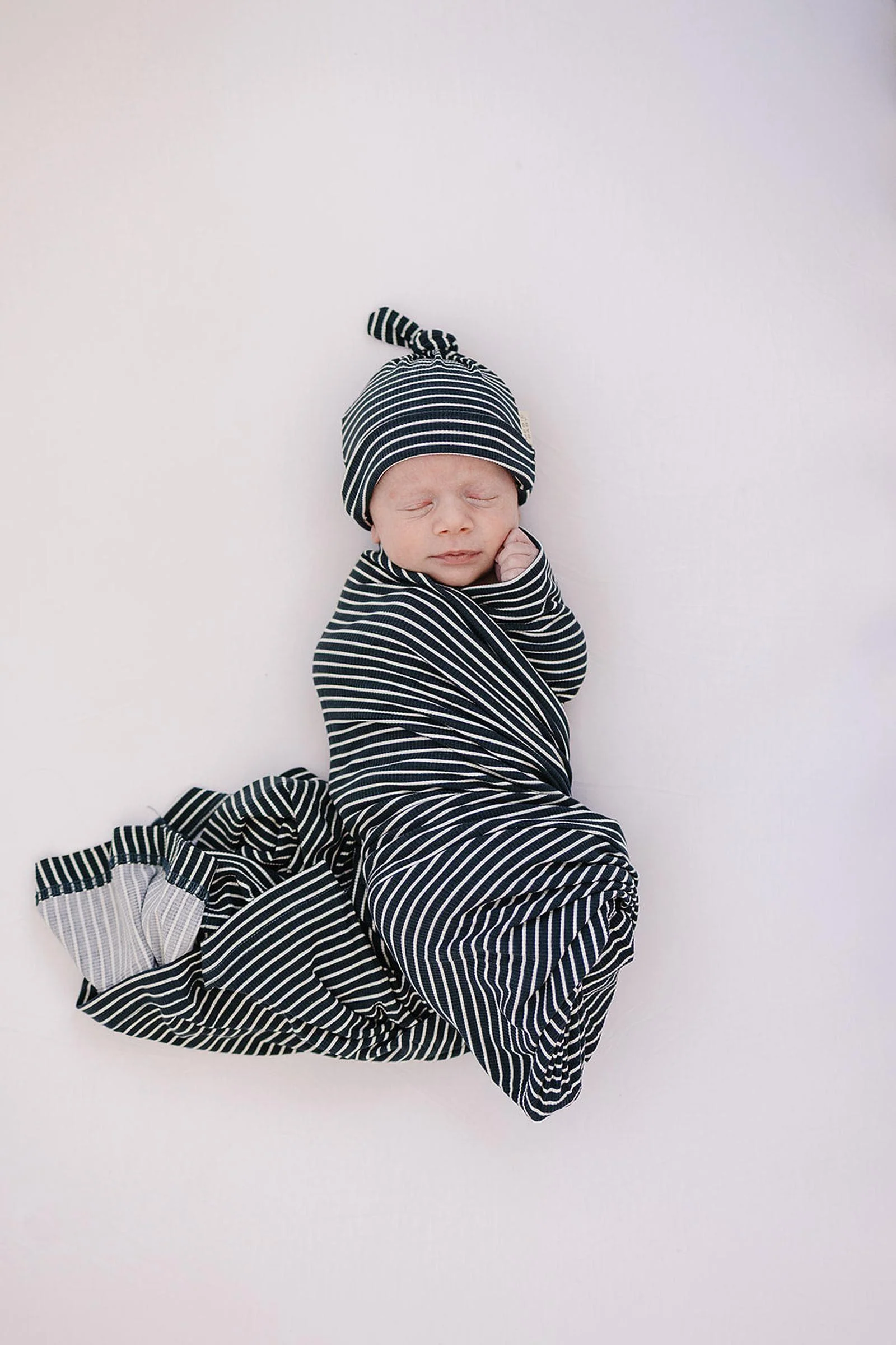 Navy Stripes Ribbed Stretch Swaddle Blanket, Bamboo, Baby Essentials - Image 3