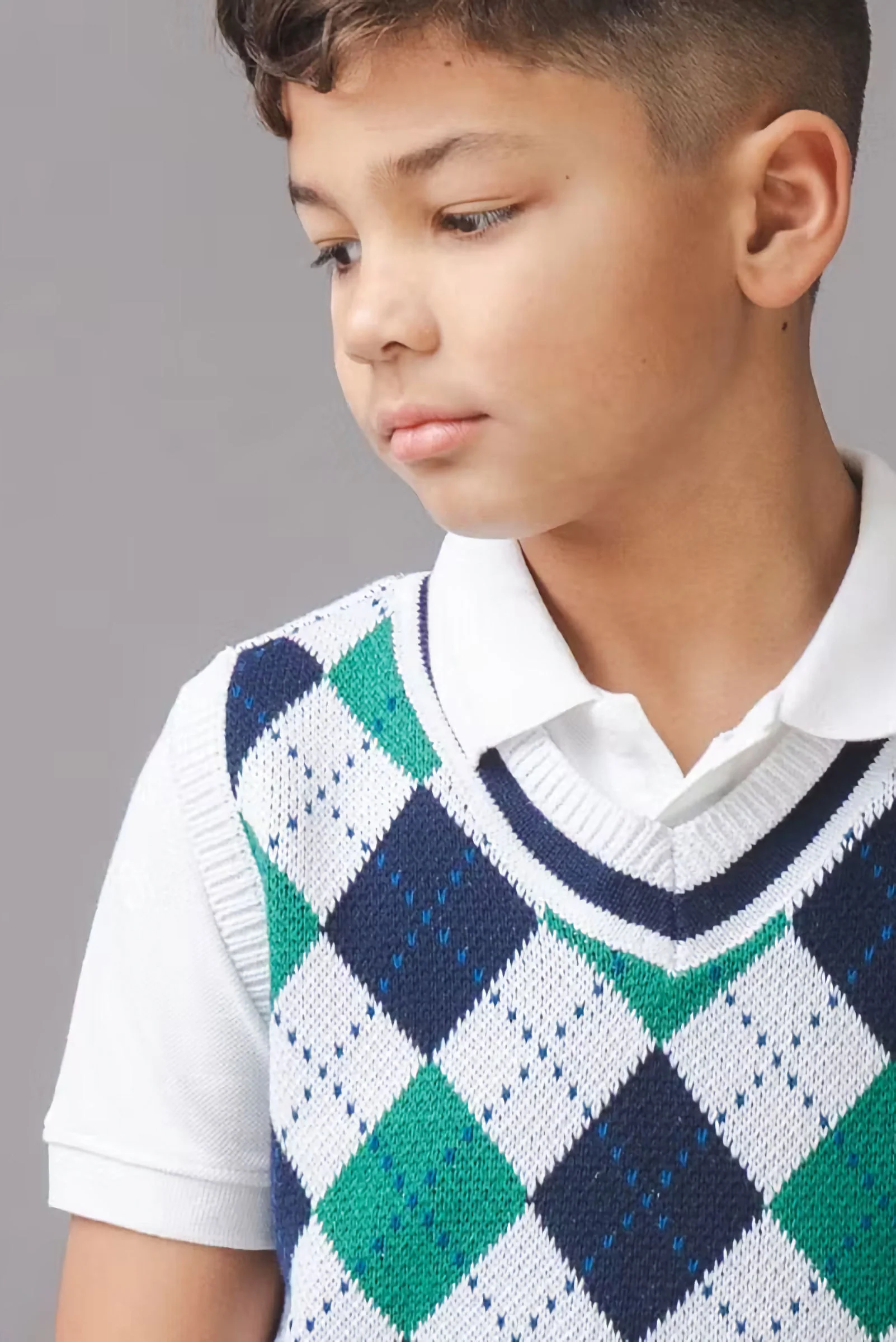 Organic Cotton Argyle Sweater Vest for Boys, White & Green, Size 2T-18 - Image 5