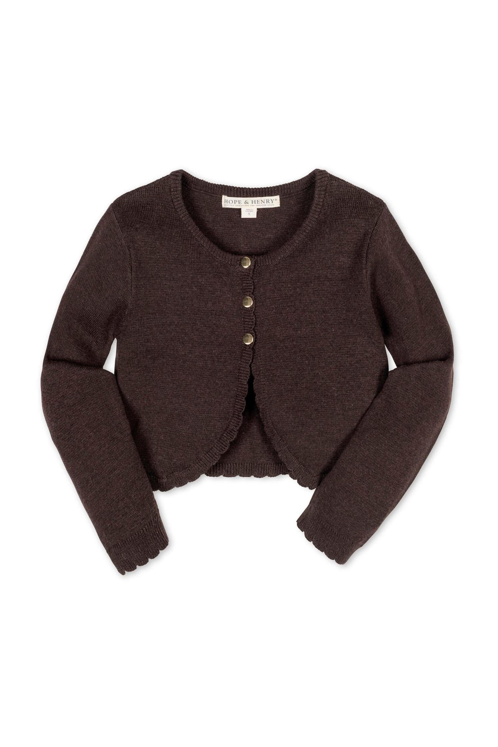 Organic Cotton Cropped Scallop Cardigan for Girls, Chocolate Brown Knit, Toddler & Kids - Image 2