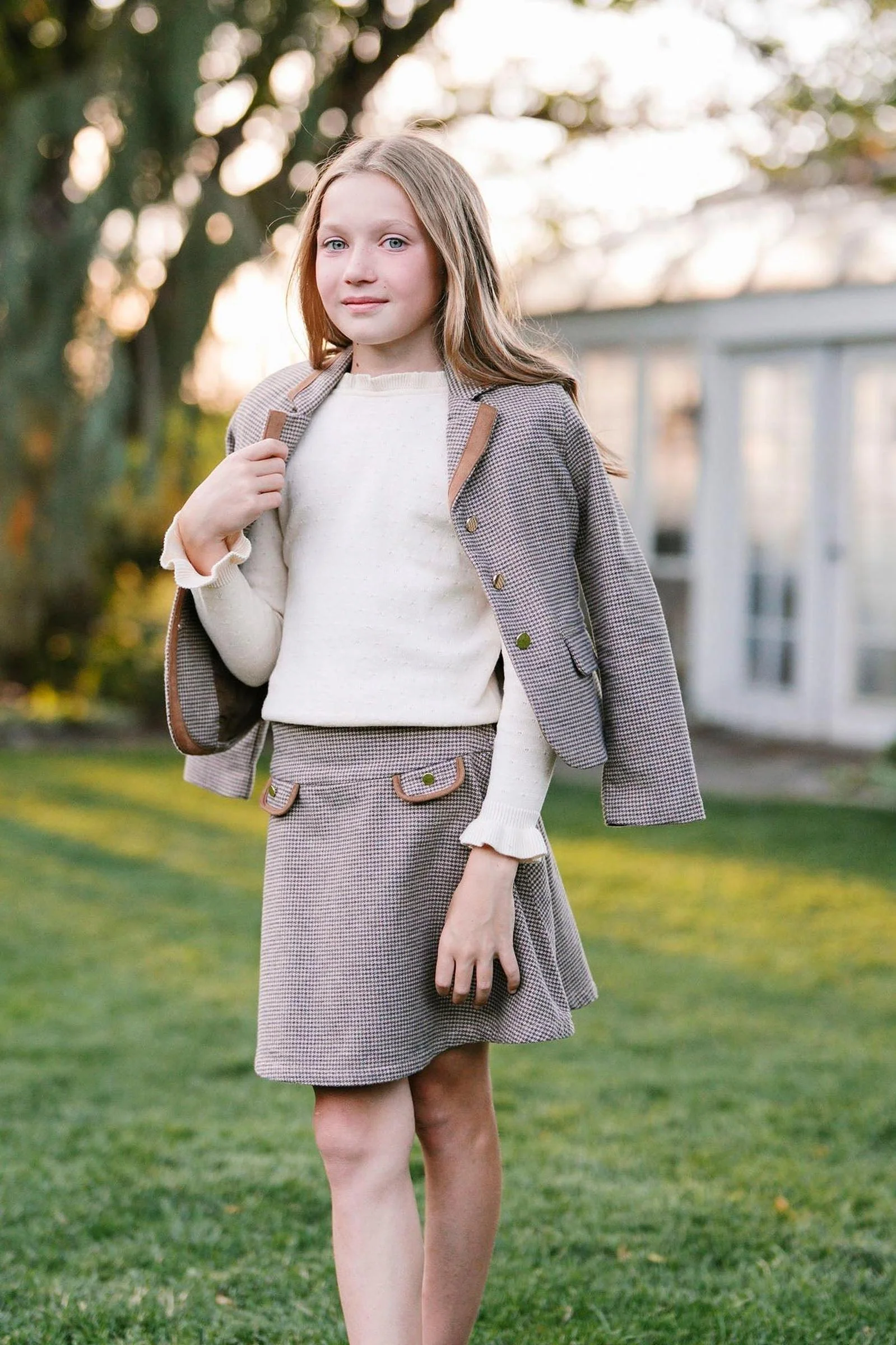 Organic Cotton Stylish Blazer With Notch Collar for Girls, Camel, Toddler & Kids - Image 5