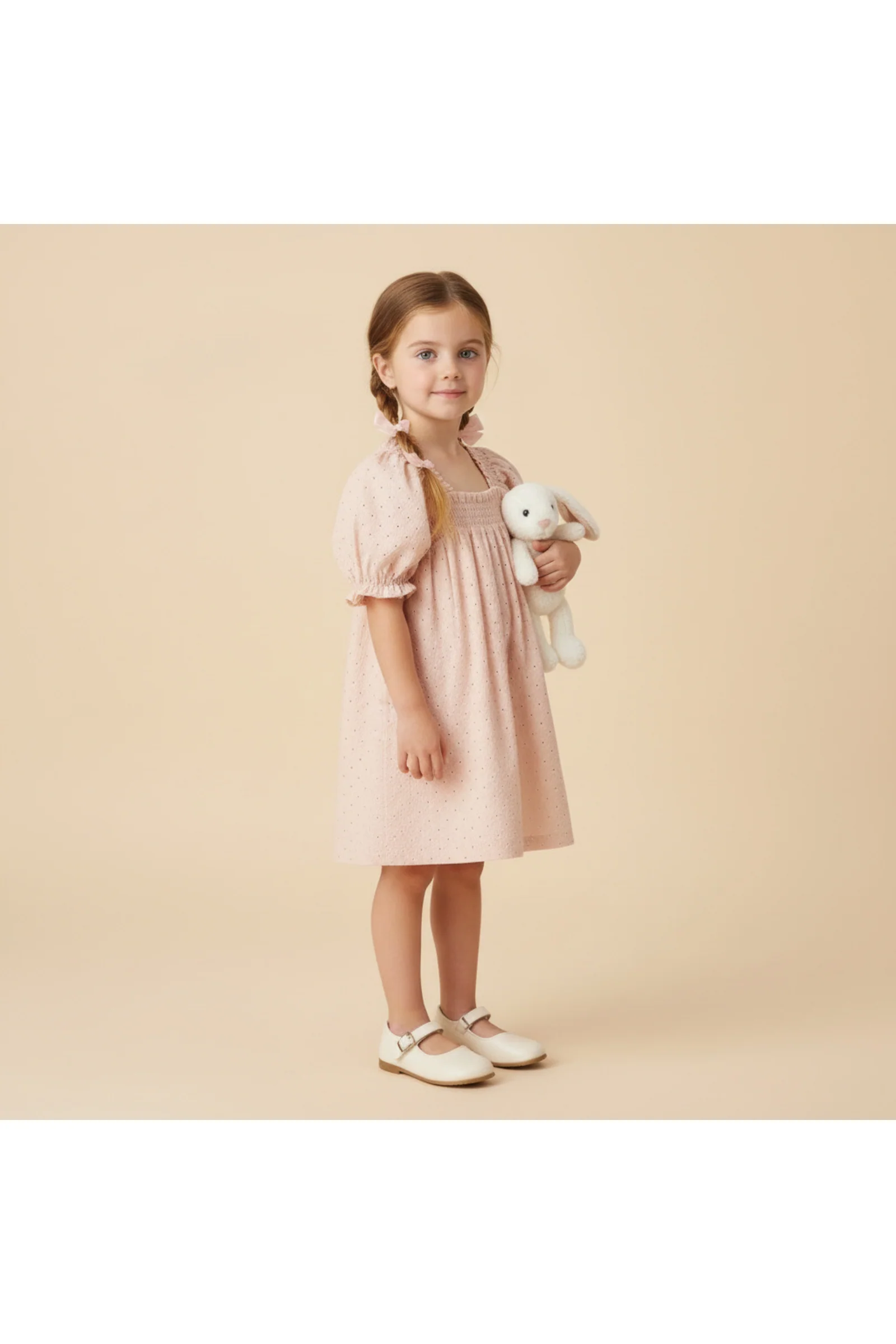 Organic Eyelet Bubble Sleeve Dress - Blush Eyelet