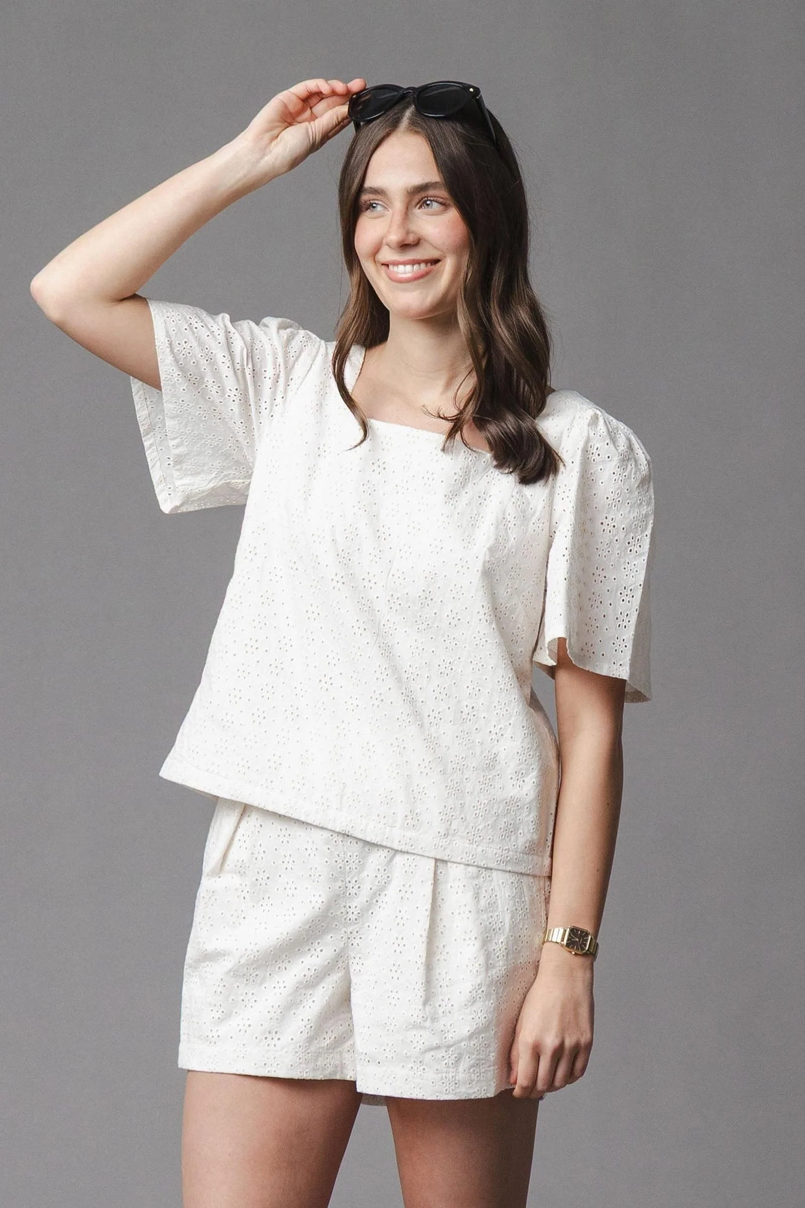 Organic Cotton Eyelet Button Tab Short, Natural, Women, Family Matching Outfits - Image 3