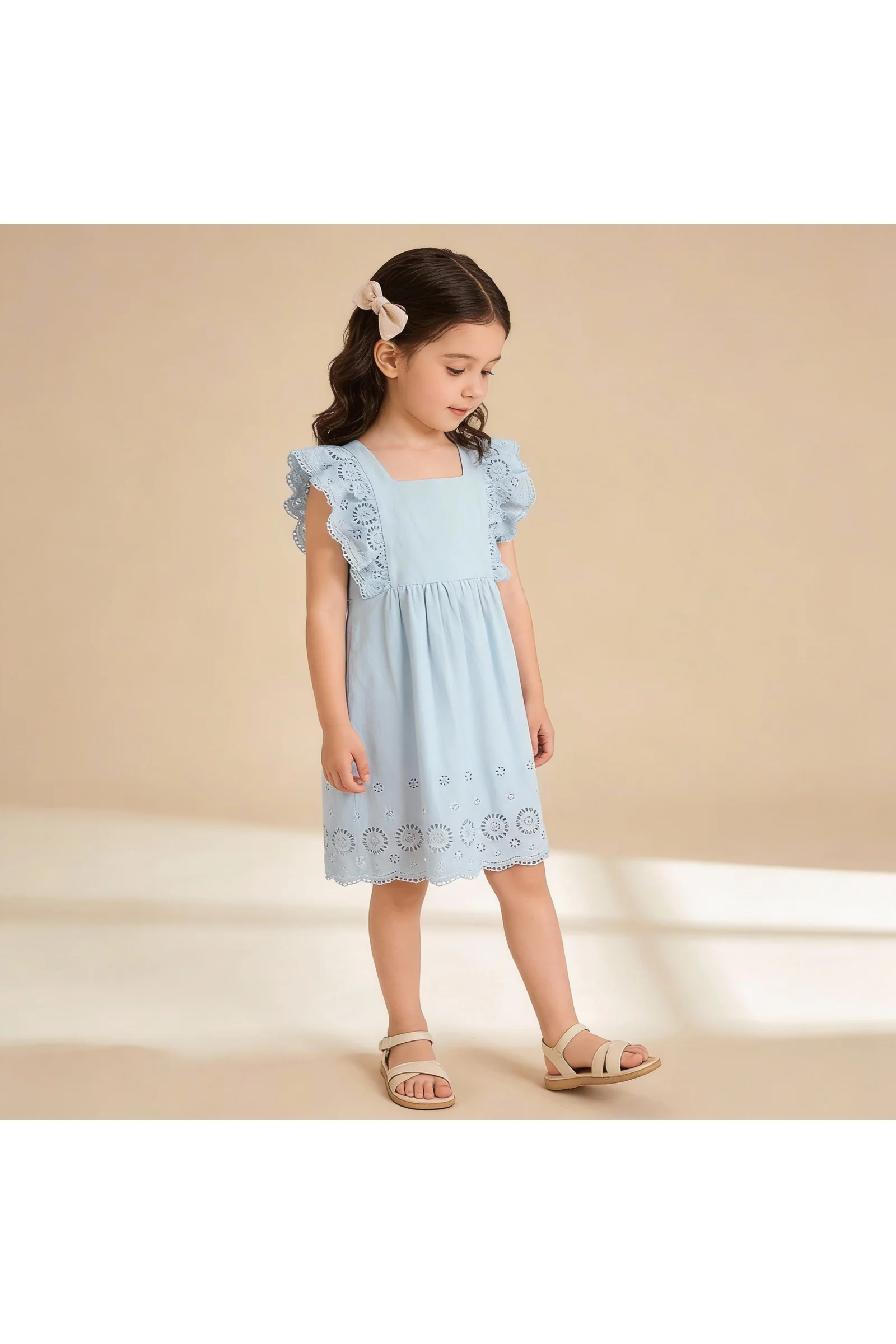 Organic Eyelet Flutter Dress - Light Blue Eyelet