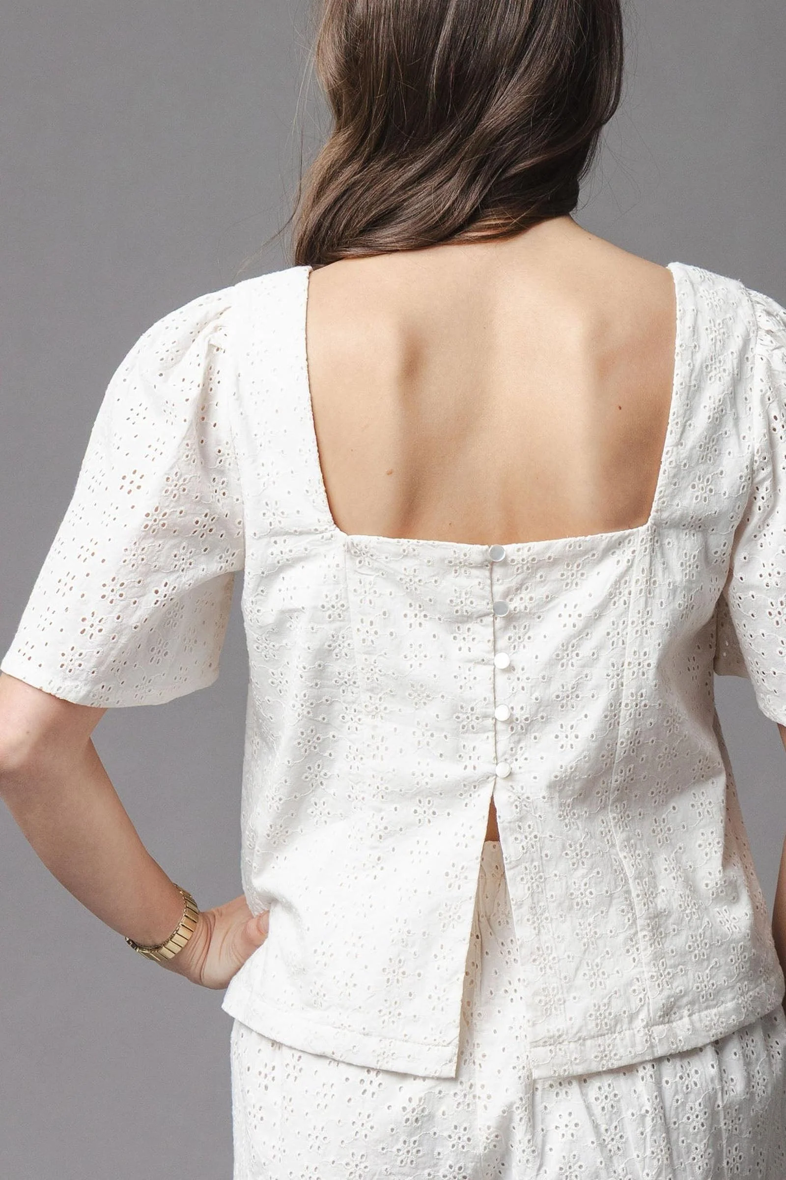 Organic Cotton Flounce Sleeve Eyelet Top, Natural, Women, Family Matching Outfits - Image 5