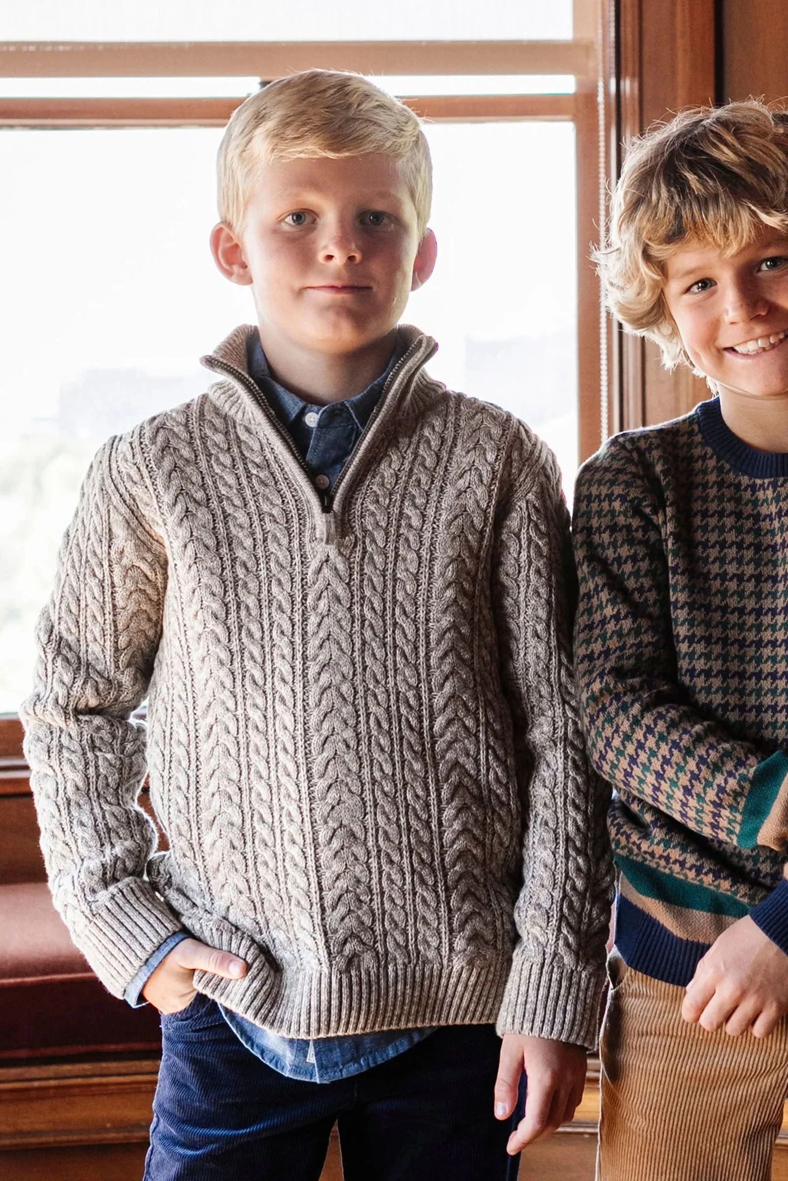 Organic Cotton Half Zip Cable Knit Sweater for Boys, Taupe Marl, Sizes 2–16