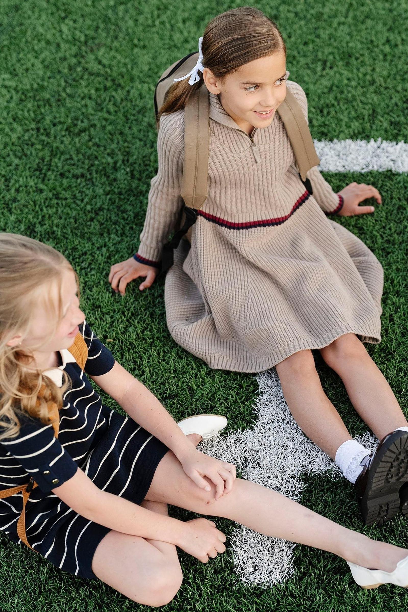 Organic Cotton Half Zip Sweater Dress for Girls, Taupe Heather Rib Knit with Contrast Stripe, Toddler & Kids - Image 5