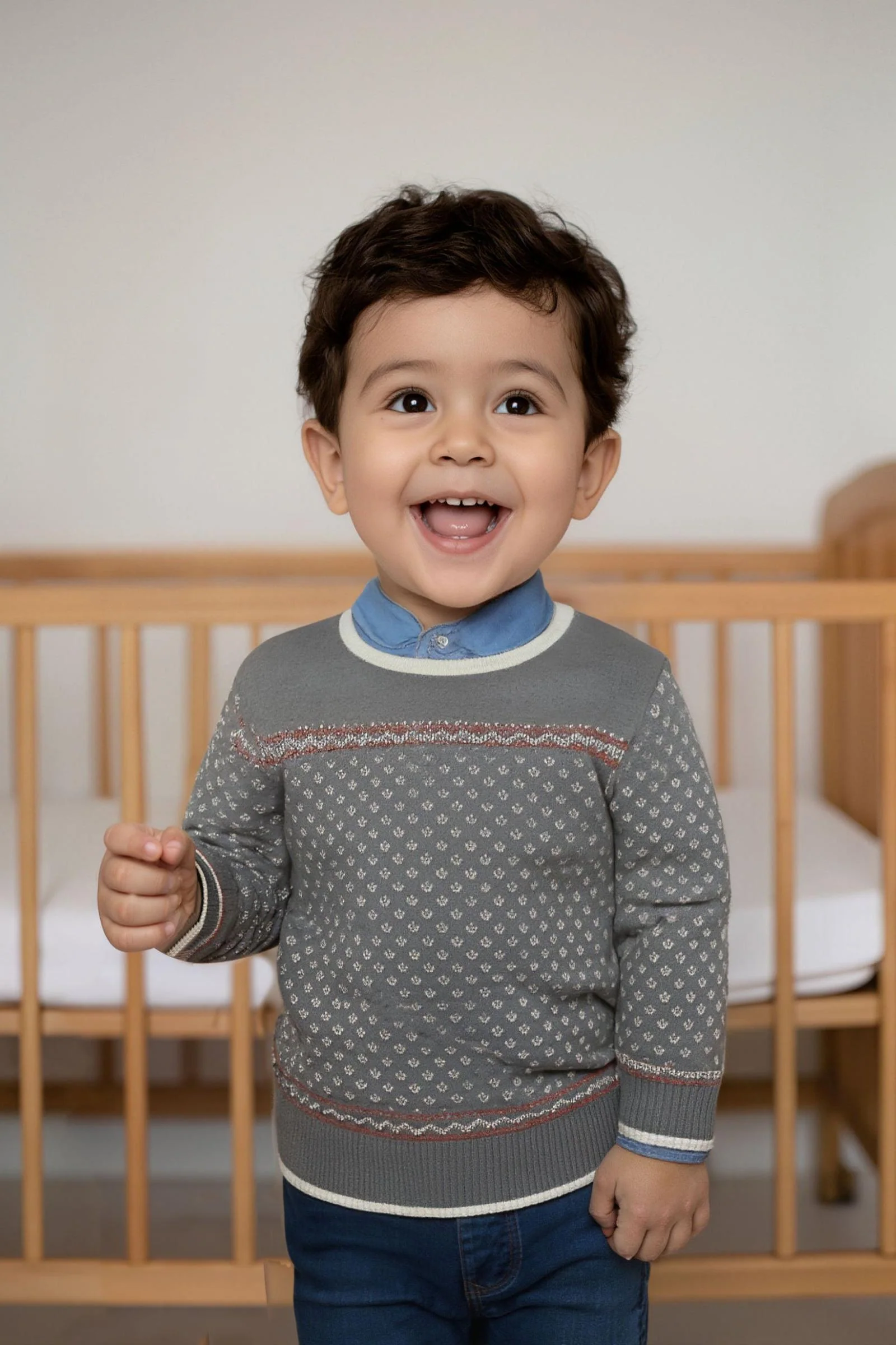 Organic Cotton Crew Neck Sweater For Boys, Charcoal Heather With Ivory Birdseye, Baby