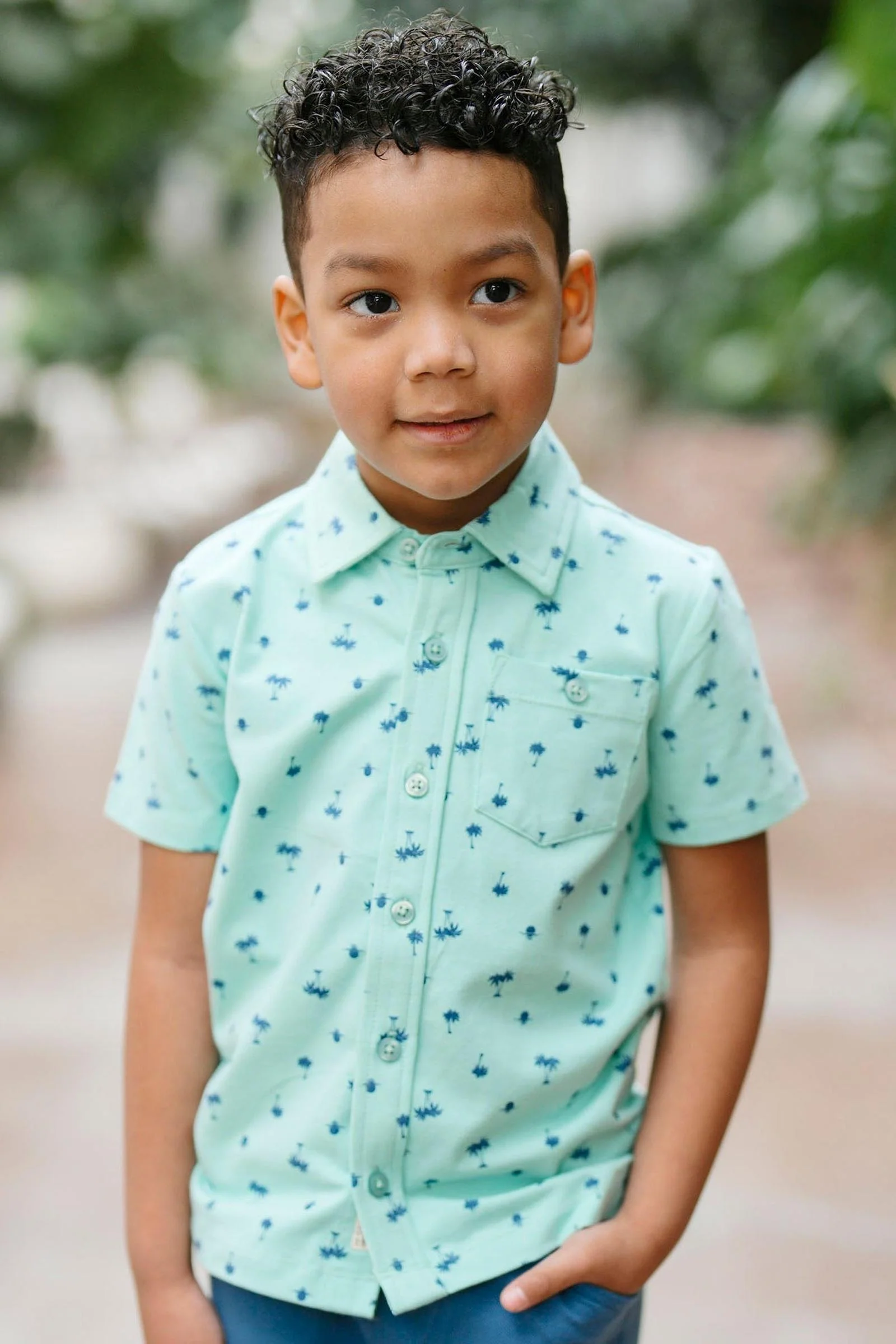 Organic Cotton Jersey Button Down Shirt, Tidal Palm Print, Sizes 2T-18
