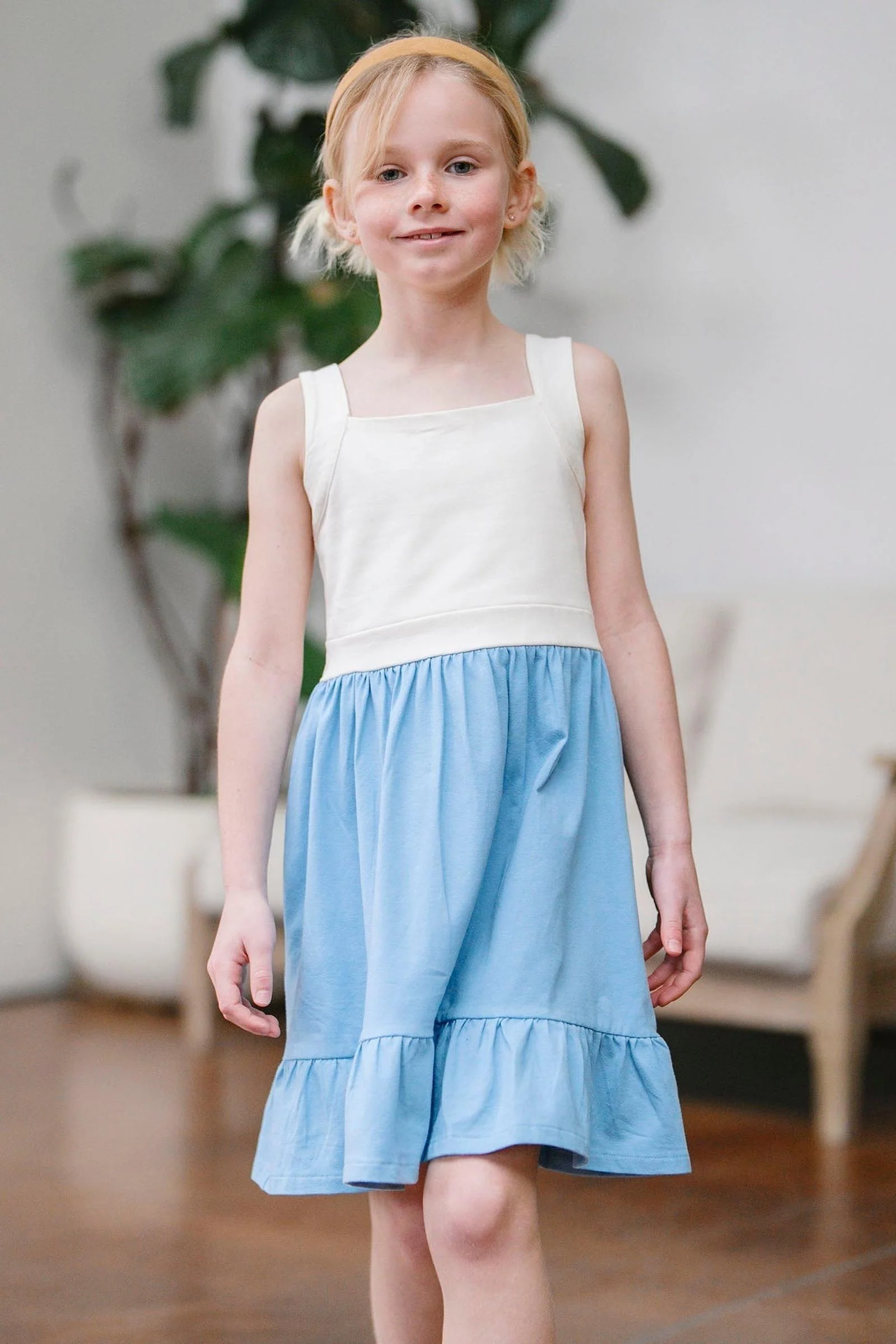 Organic Cotton Knit Tank Sundress with Flounce, Bluebell & Cream, Toddler & Kids