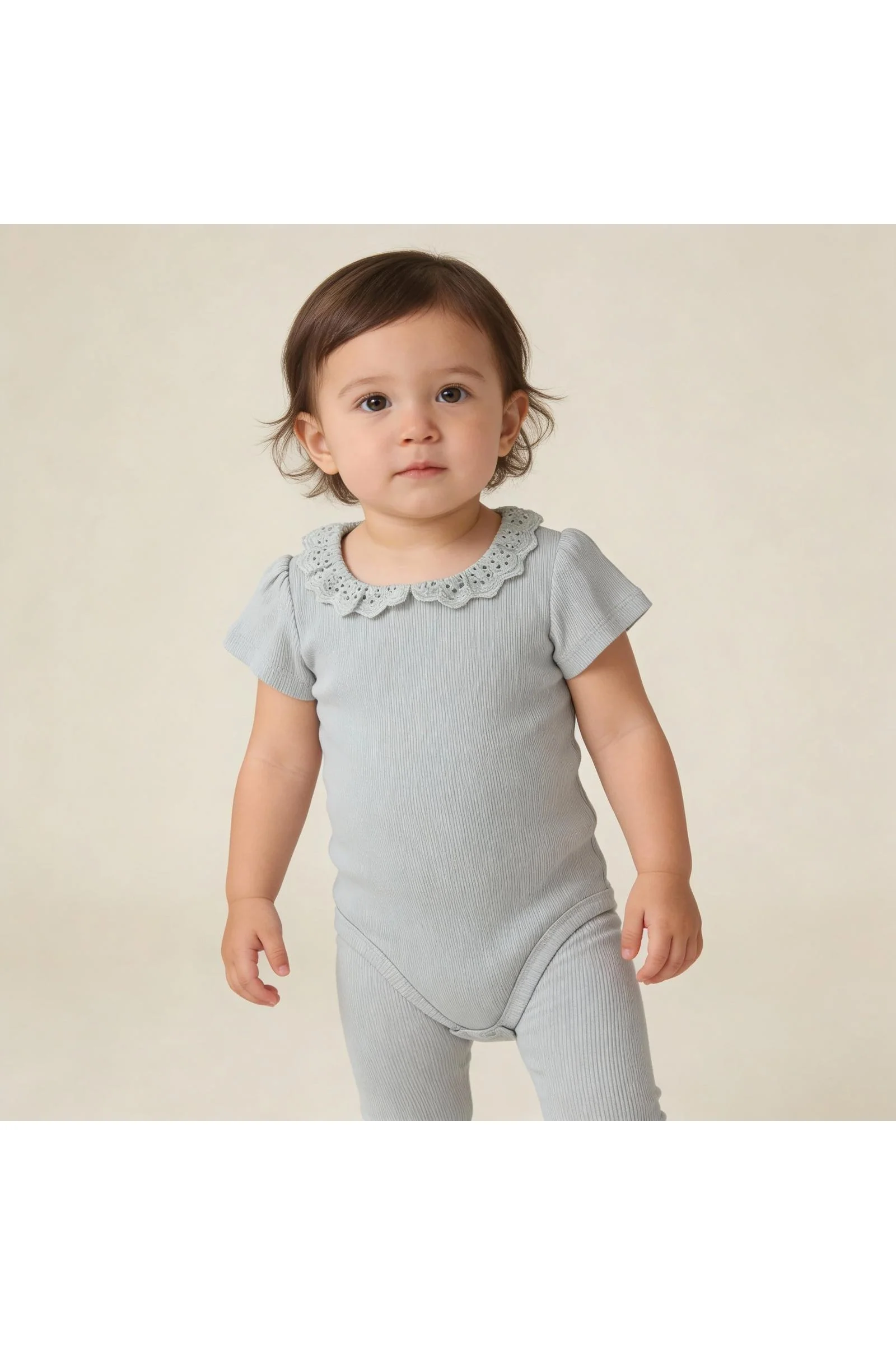 Organic Lace Collar Onesie & Tights Set - Fog - Image 3