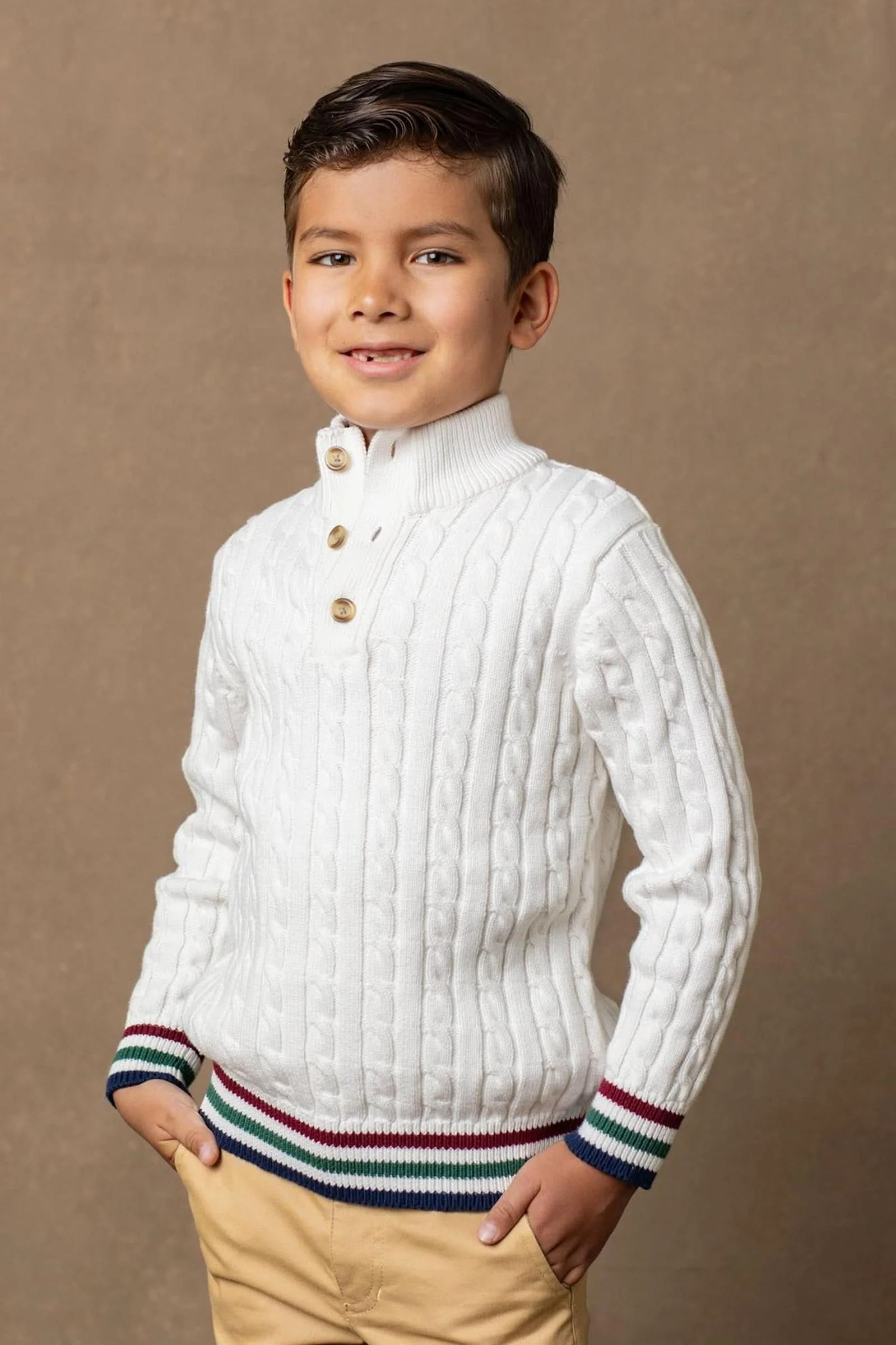 Organic Cotton Mock Neck Cable Sweater for Baby Boys, White - Image 3