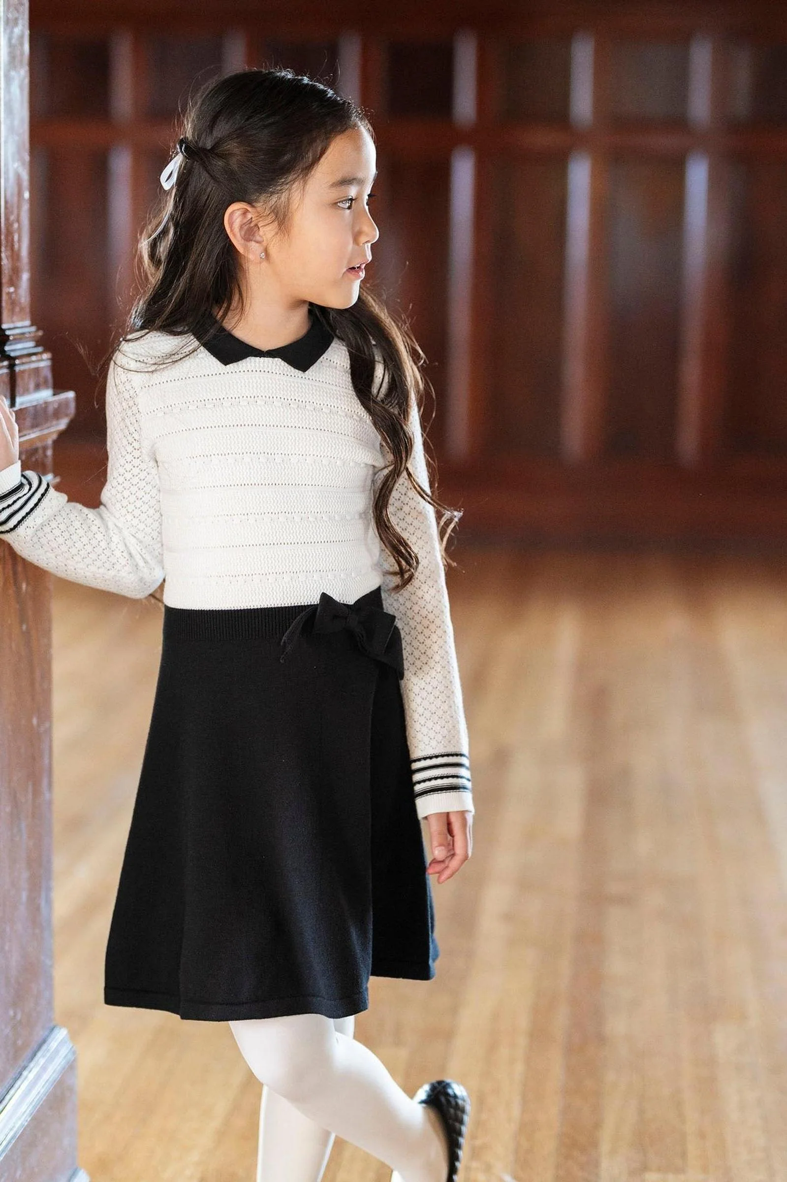 Organic Cotton Peter Pan Collar Sweater Dress, White & Black, Toddler & Kids