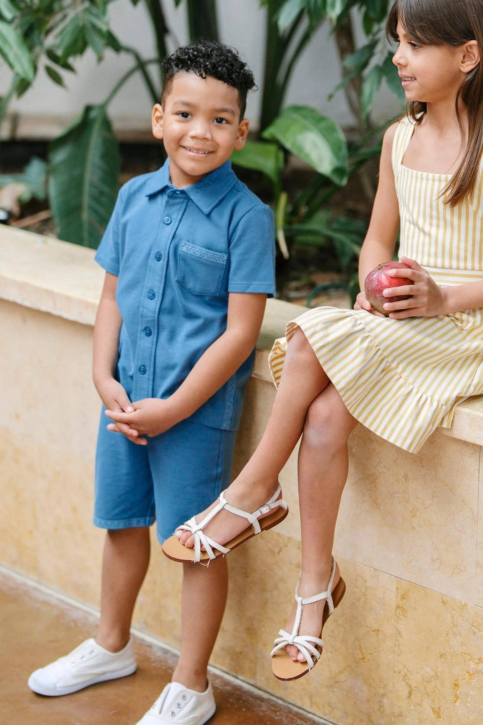 Organic Cotton Pique Pull-On Shorts, Stone Blue, Toddler & Kids - Image 3