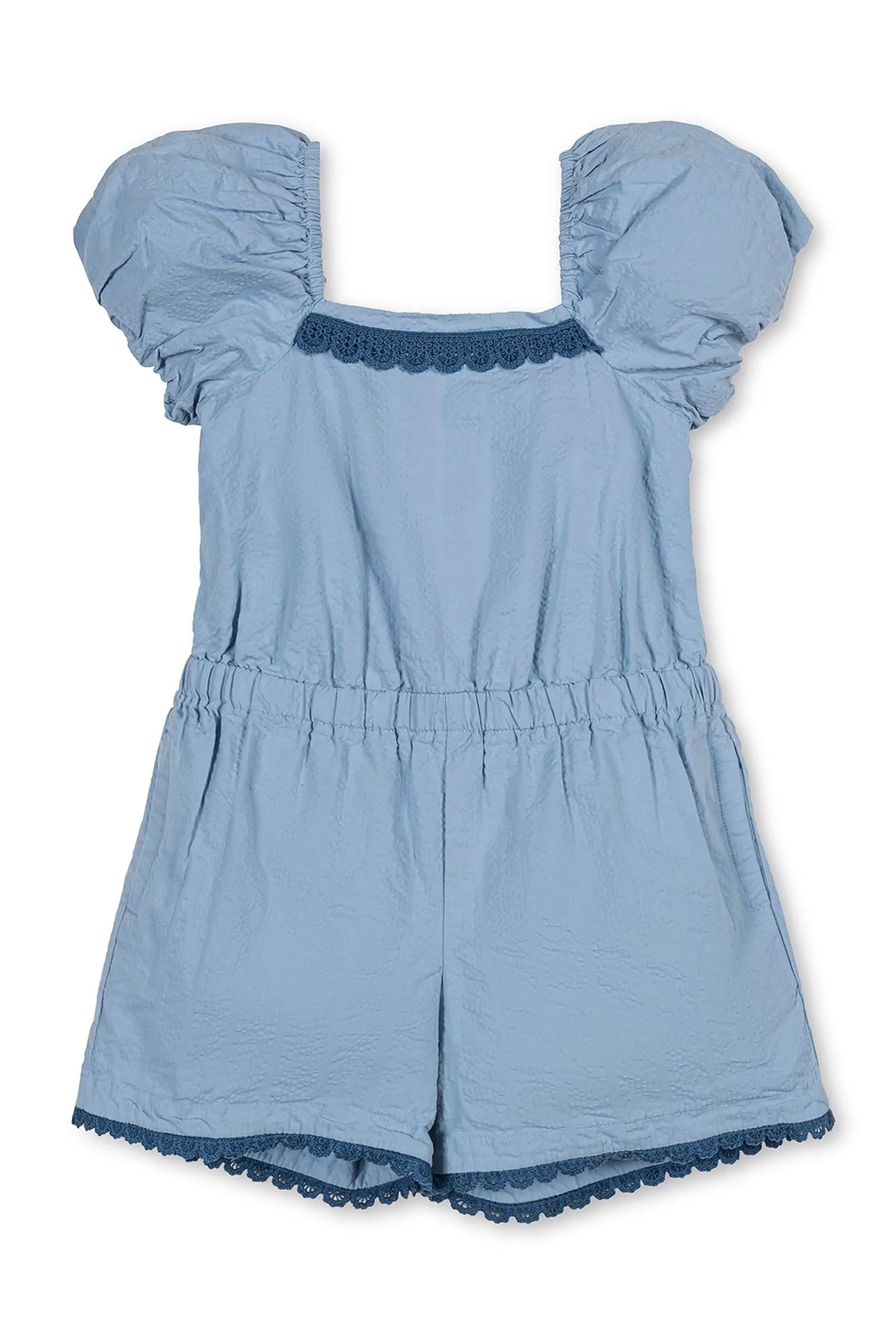 Organic Cotton Puff Sleeve Seersucker Romper, Bluebell, Toddler & Kids - Image 2