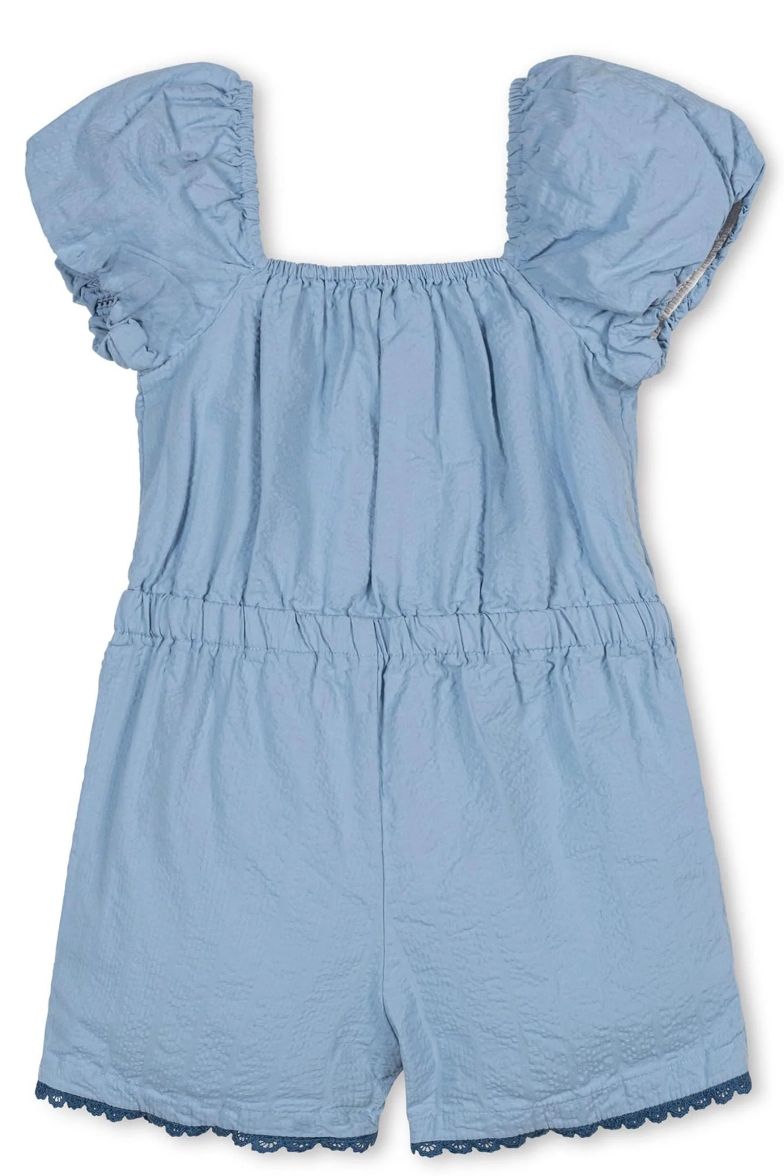 Organic Cotton Puff Sleeve Seersucker Romper, Bluebell, Toddler & Kids - Image 7