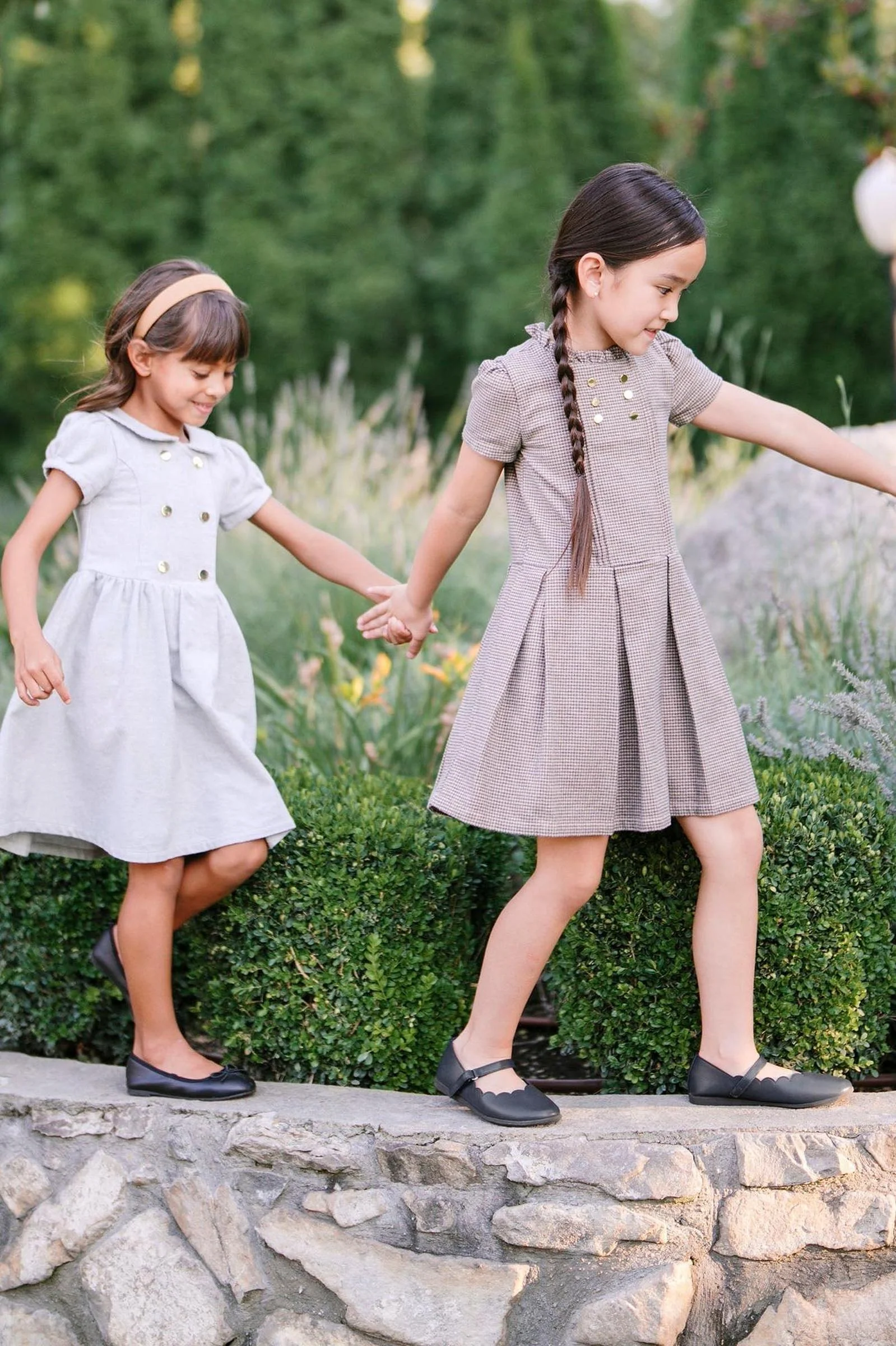 Organic Cotton Ruffle Collar Houndstooth Dress, Beige and Grey, Toddler & Kids - Image 3