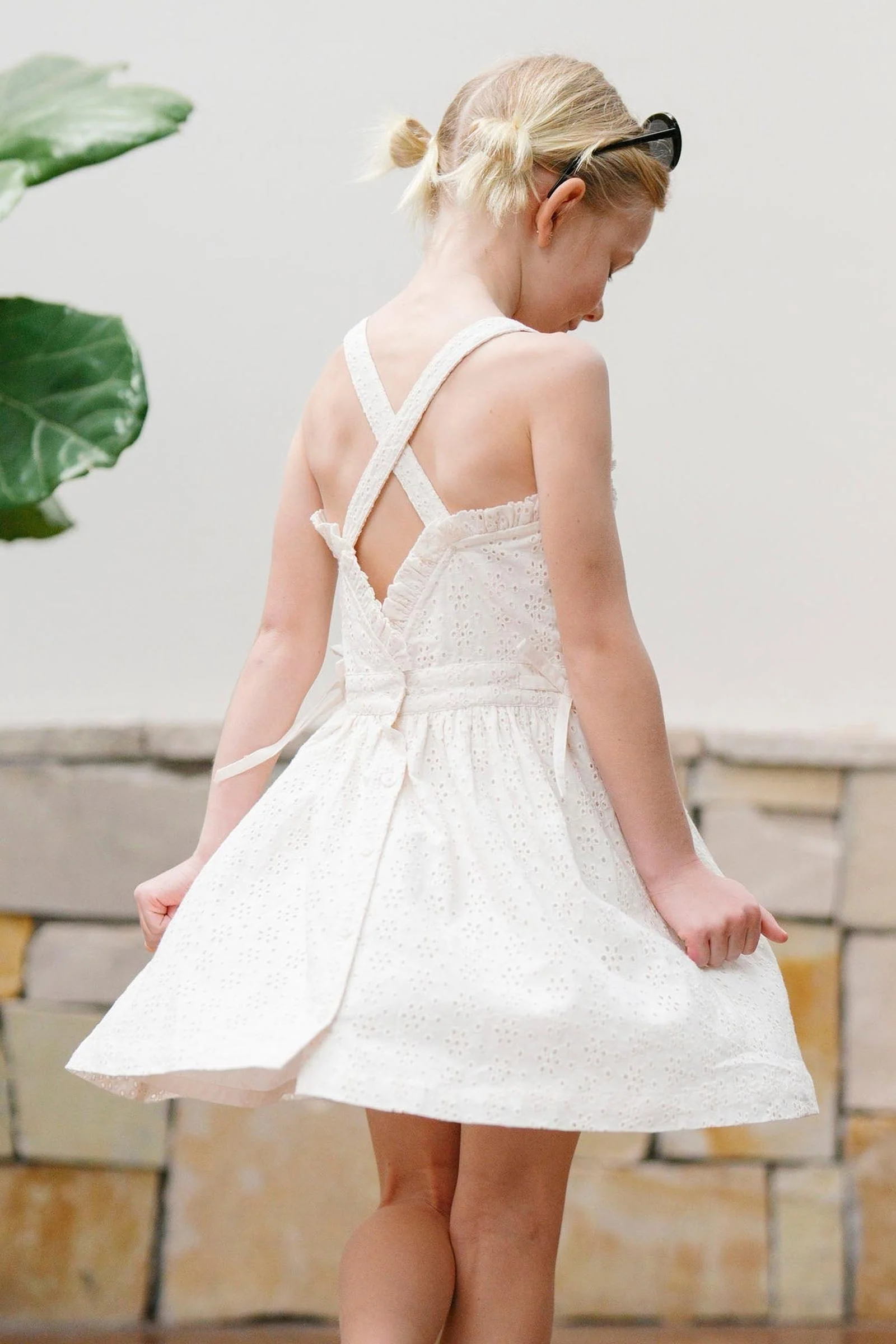 Organic Cotton Ruffle Edge Eyelet Dress, Natural, Sizes 2T-12