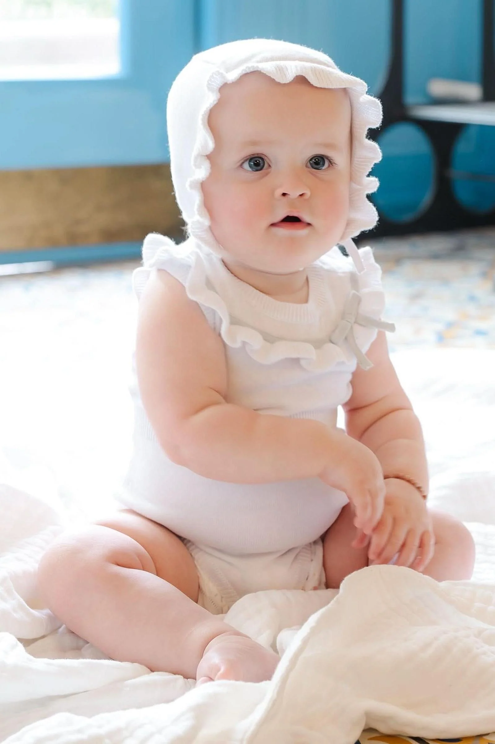 Organic Cotton Ruffle Sweater Romper and Bonnet Set for Baby Girls, White, 0-12M