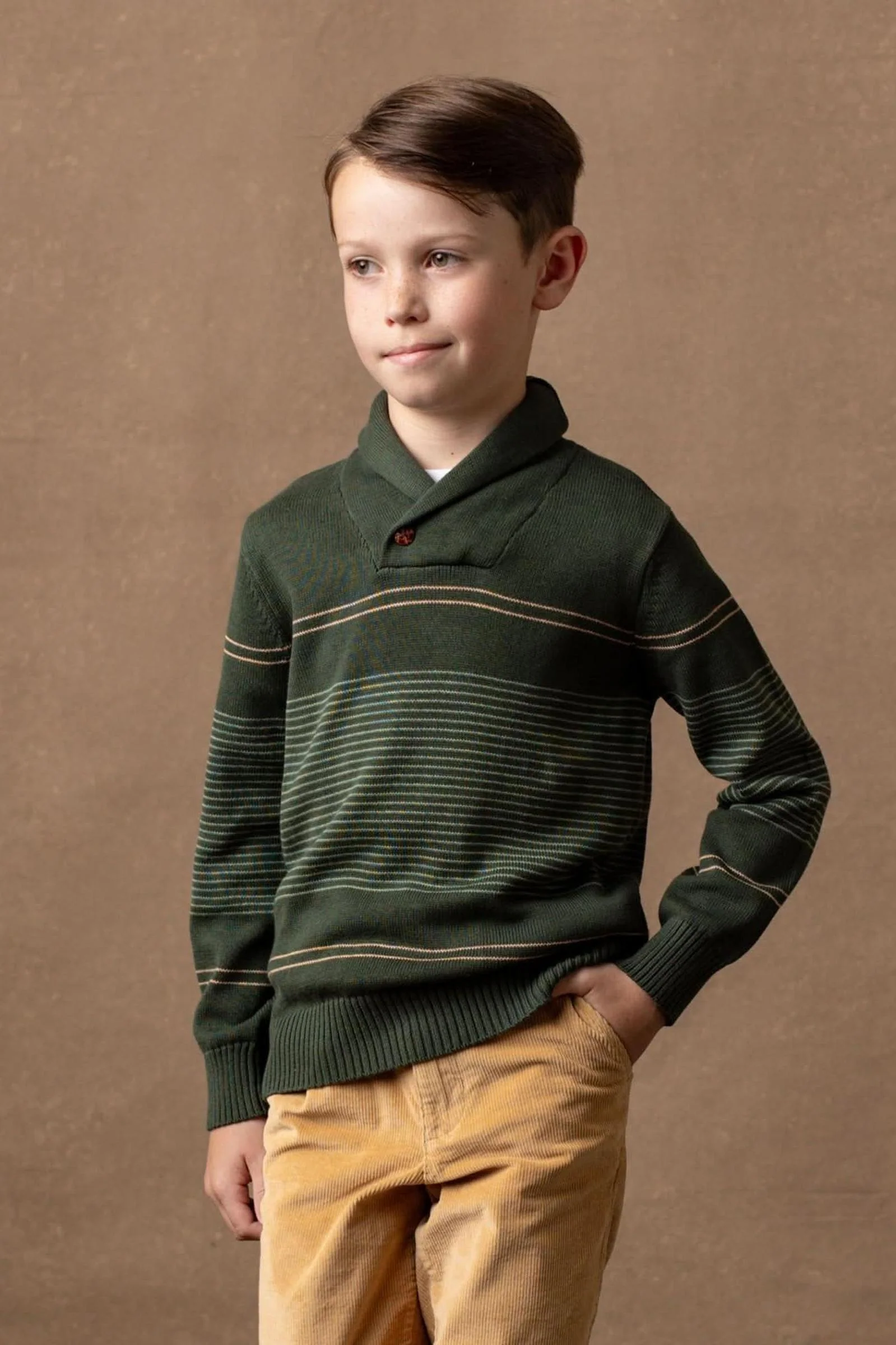 Organic Cotton Shawl Collar Sweater, Pine and Sage Stripe, Toddler & Kids
