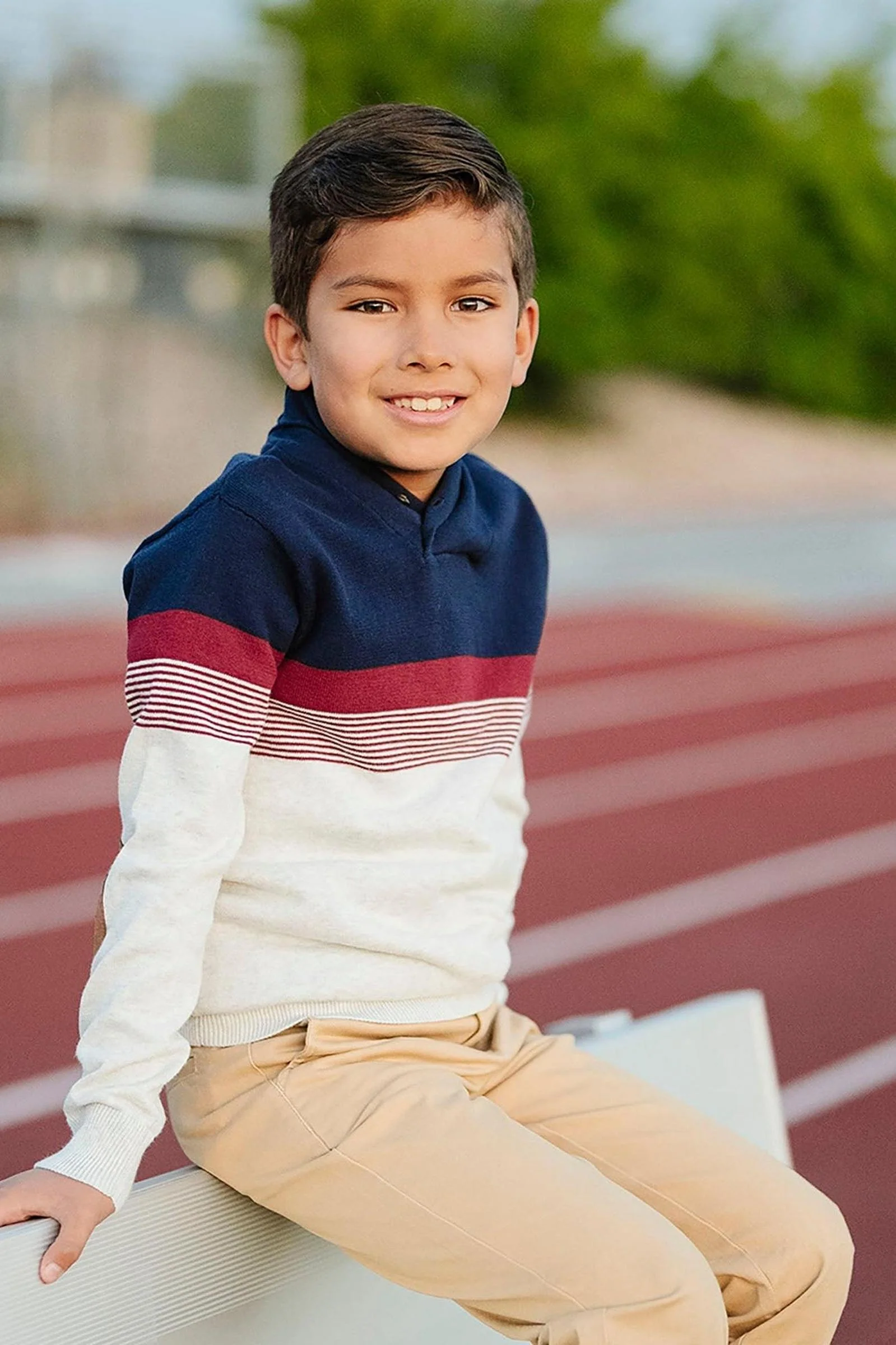Organic Cotton Shawl Collar Sweater for Boys, Navy & Light Gray Stripe, Sizes 2-16