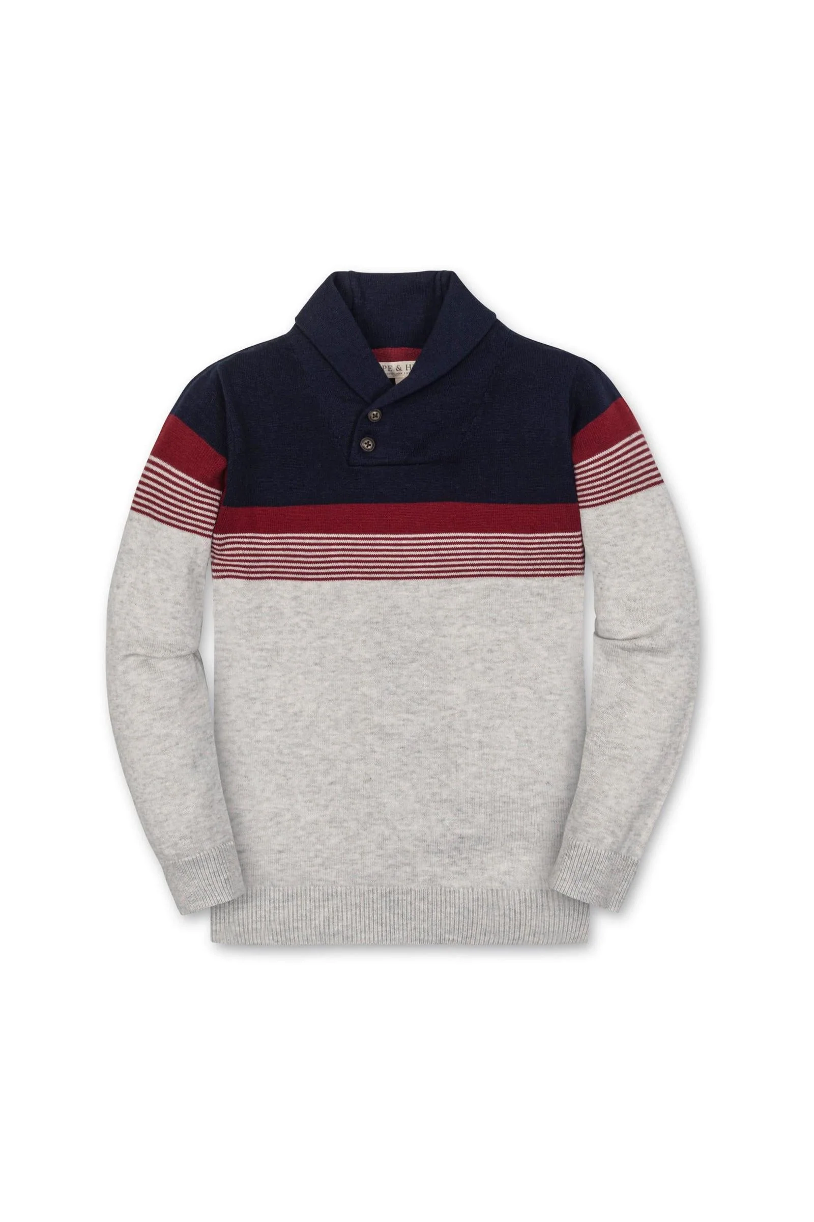 Organic Cotton Shawl Collar Sweater for Boys, Navy & Light Gray Stripe, Sizes 2-16 - Image 2