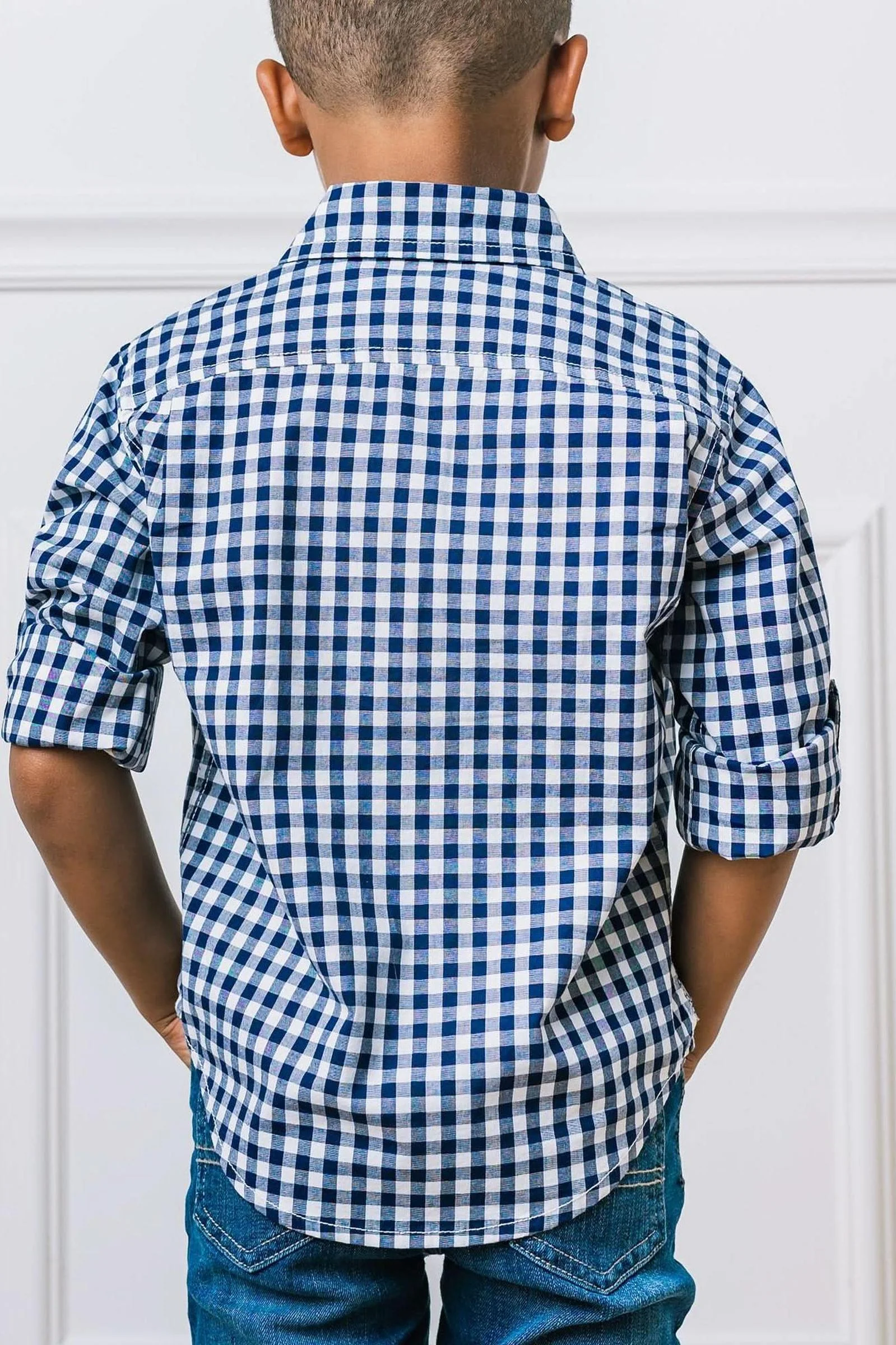 Organic Cotton Stretch Poplin Roll-Up Shirt for Babies, Navy Gingham, Family Matching Outfits - Image 6
