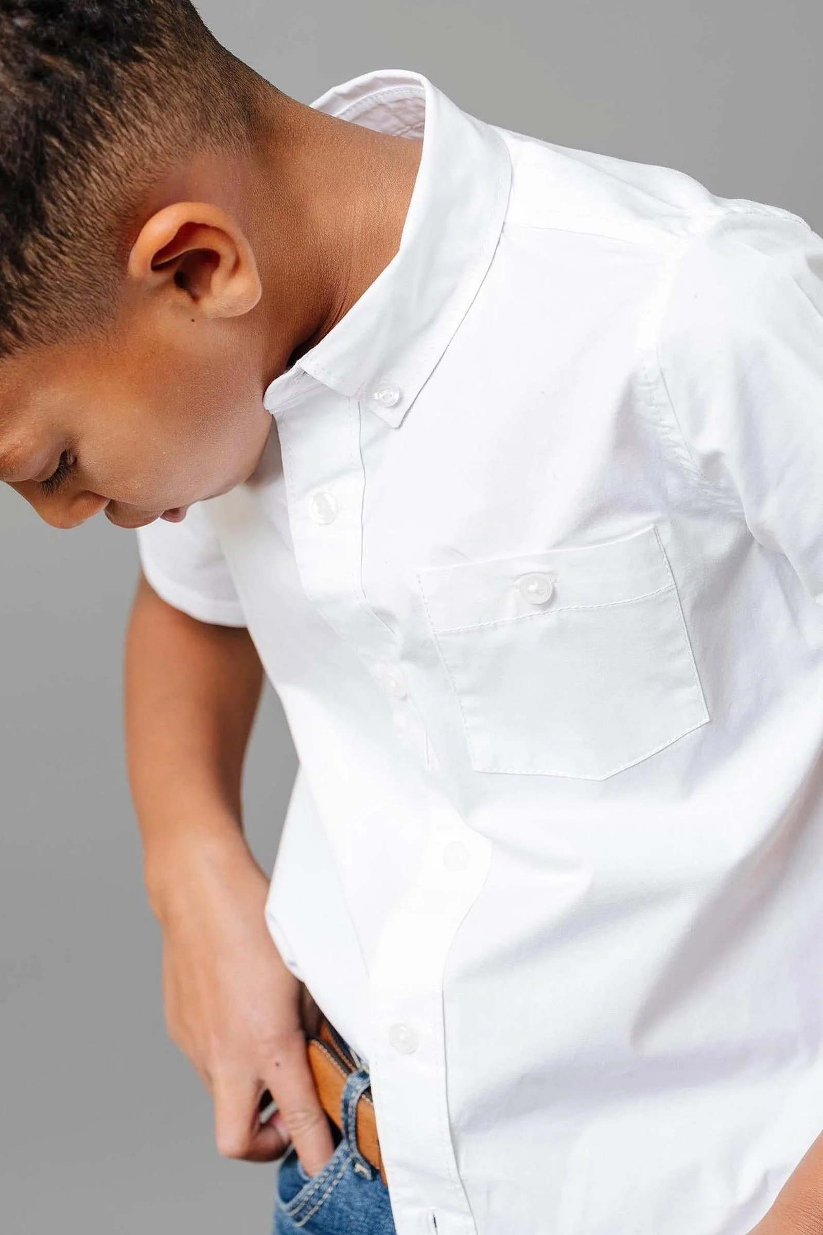 Organic Cotton Stretch Poplin Short Sleeve Shirt for Boys, White, Toddler & Kids - Image 3