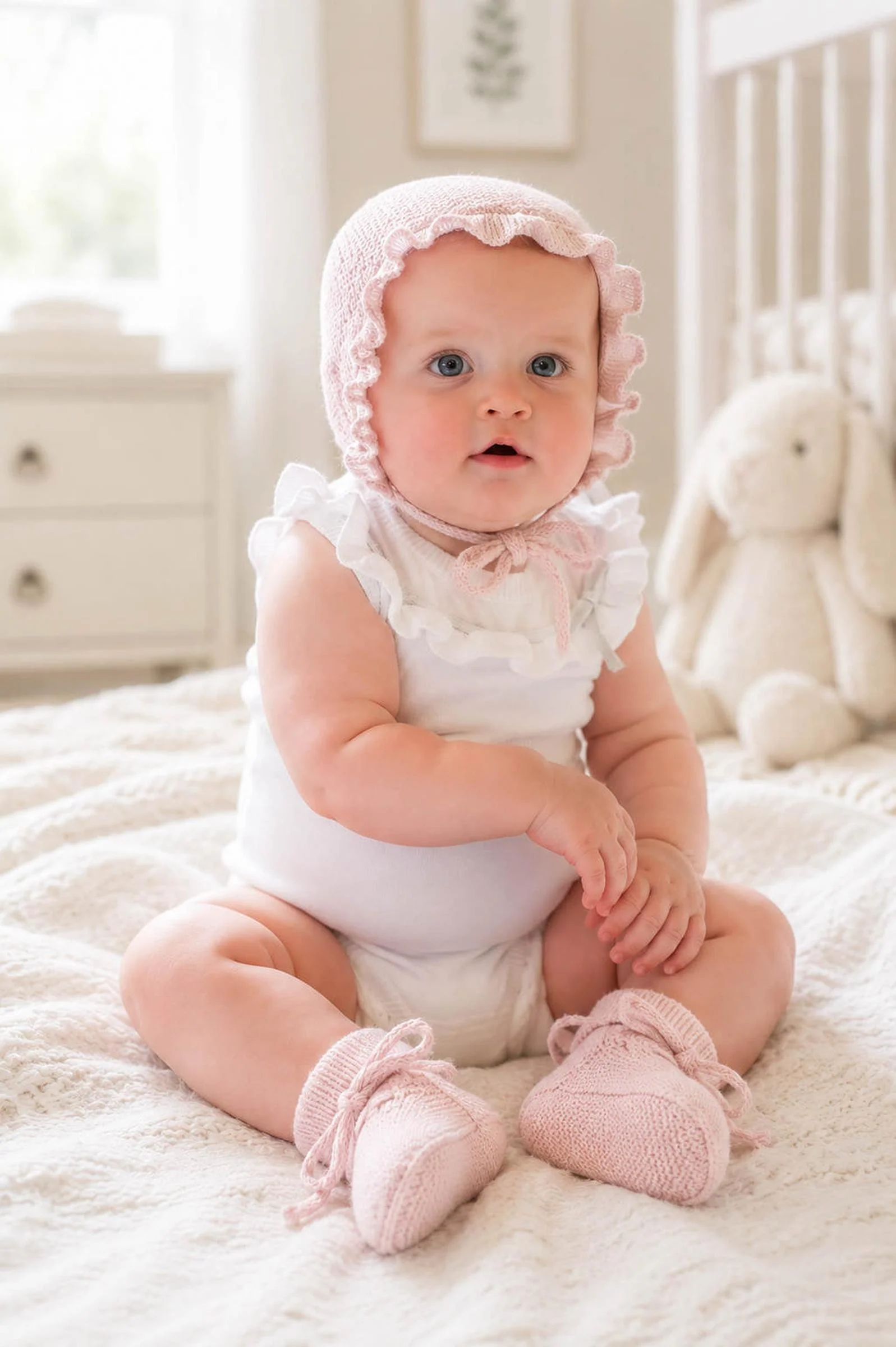 Organic Cotton Baby Sweater Bonnet and Bootie Set, Pale Pink
