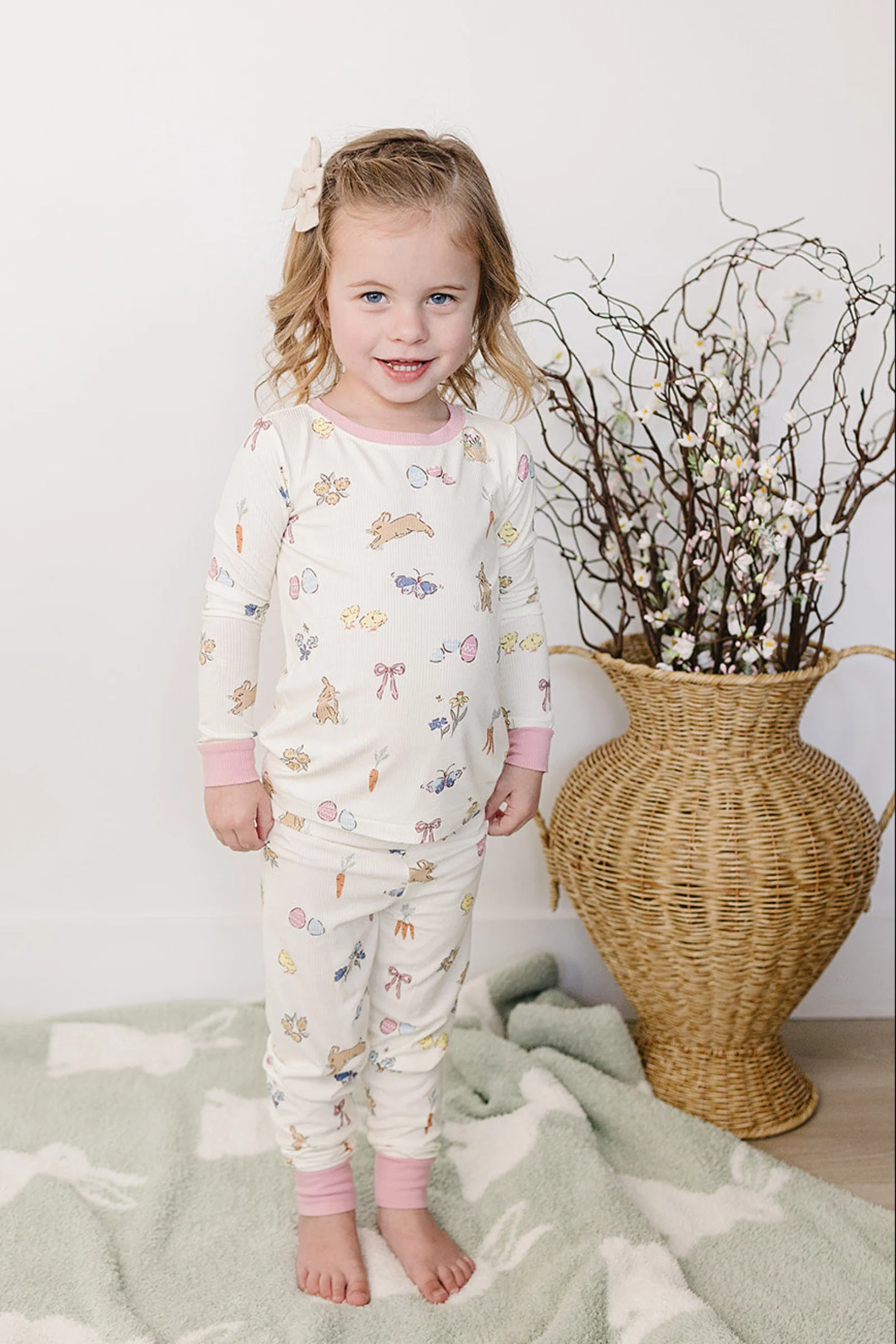 Pink Bunny Ribbed Bamboo Cozy Pajama Set for Girls, Sizes 2T-10